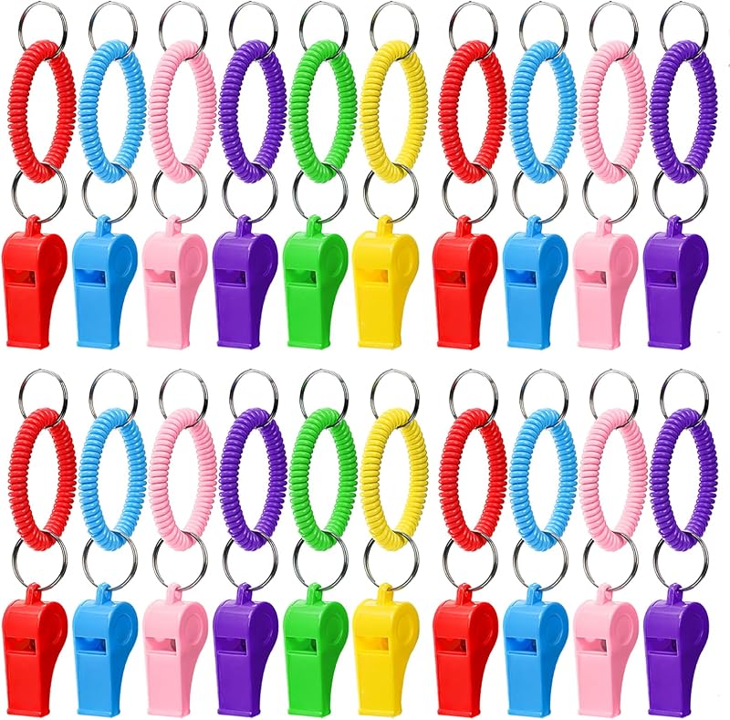 30 Pcs Sport Whistle with Bracelet, 6 Colors Loud Plastic Whistles with Stretchable Coil Wrist Keychain Ring for Coaches, Referees, Officials, Birthday Party Gift, Emergency Training