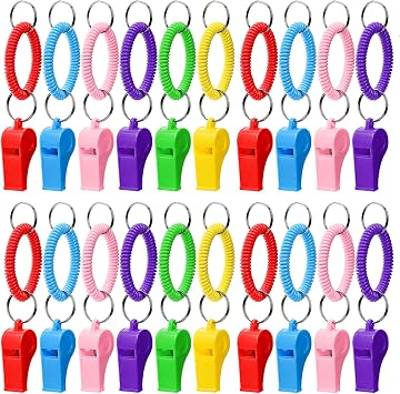 Hedume 30 Pcs Sport Whistle with Bracelet, 6 Colors Loud Plastic Whistles with Stretchable Coil Wrist Keychain Ring for Coaches, Referees, Officials, Birthday Party Gift, Emergency Training