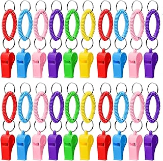 Hedume 30 Pcs Sport Whistle with Bracelet, 6 Colors Loud Plastic Whistles with Stretchable Coil Wrist Keychain Ring for Coaches, Referees, Officials, Birthday Party Gift, Emergency Training