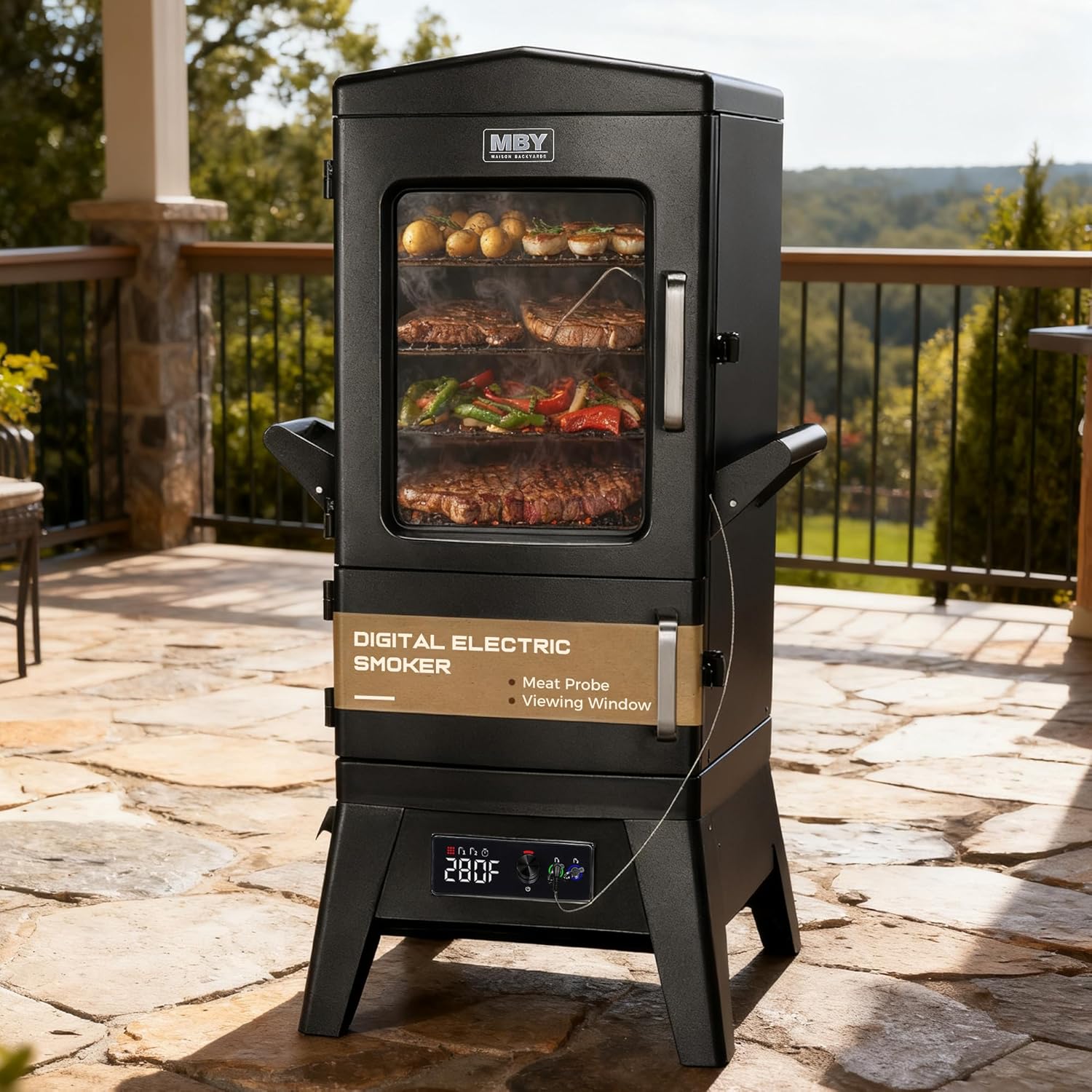 MAISON HUIS Electric Smoker for Outdoors, Built-in Meat Probe & Elevated Stand for Outdoors, BBQ Smoker with 4 Cooking Grates, LED Display Temperature Control, Smoke More with 633 sq in Cooking Area
