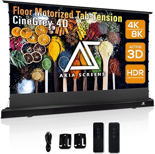 Akia Screens CineGrey 4D AK-FMT101UH2-C4D - Pantalla de proyector de suelo de 101 pulgadas motorizada con control remoto, pantalla de proyector ALR