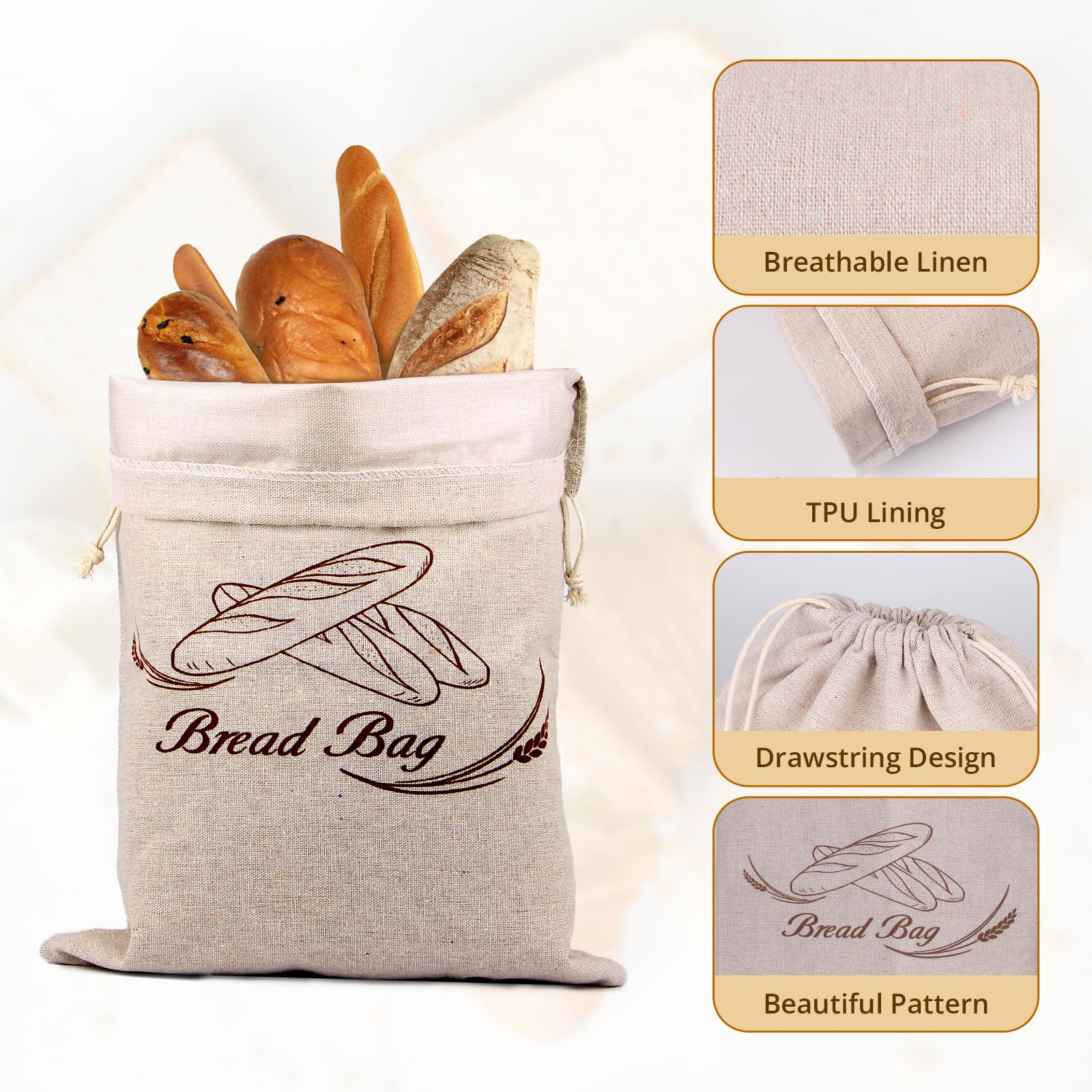 NVGVUP Plastic Lined Bread Bags for Homemade Bread, 2 Pack Reusable Bread Storage Bags to Keep Bread Fresh, with Drawstring Closure (38 30 cm) - Image 3