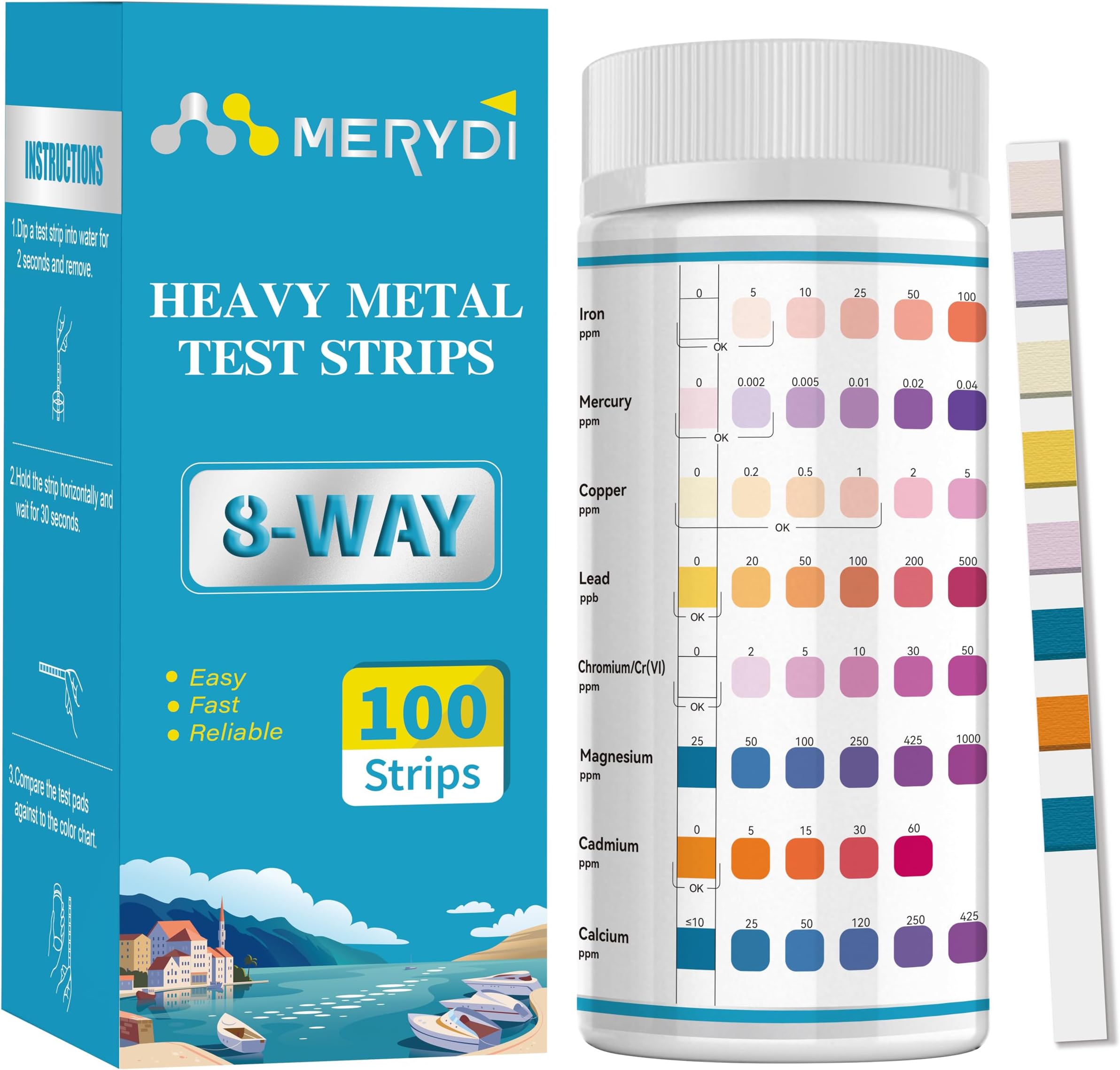 Heavy Metals Water Test Strips (8 Tests) - 100ct Home Water Testing Kit for Iron, Mercury, Copper, Lead, Chromium, Magnesium, Cadmium, Calcium-Well Home Tap City Drinking Water Testing Kit