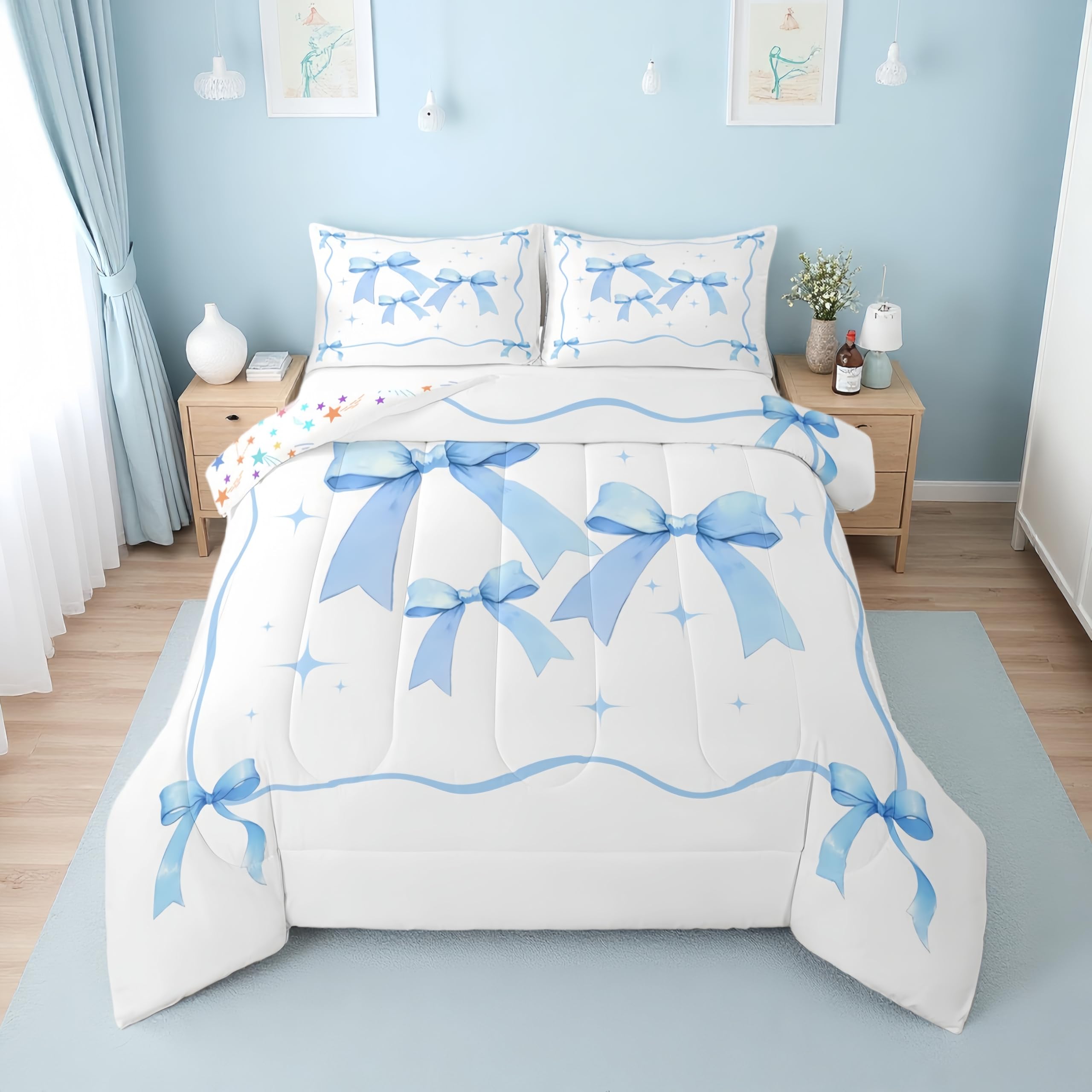 Erosebridal Light Blue Bow King Comforter Set for Girls | Coquette Ribbon Bows Bedding Set for Kids Women, Blue and White Bow Tie Quilt, Preppy Bowtie Bedroom Decor, 2 Pillowcases