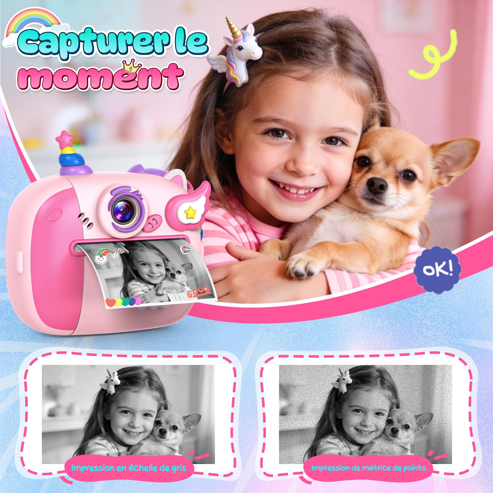Wootoyz Sofortbildkamera, Einhorn Geschenk für Mädchen Kinderkamera Mädchen 4 5 6 7 8 Jahre Spielzeug ab 3-12 Jahr Einhorn Spielzeug ab 5 6 7 8 Jahre Sofortbildkamera Kinder 32G Karte Rosa