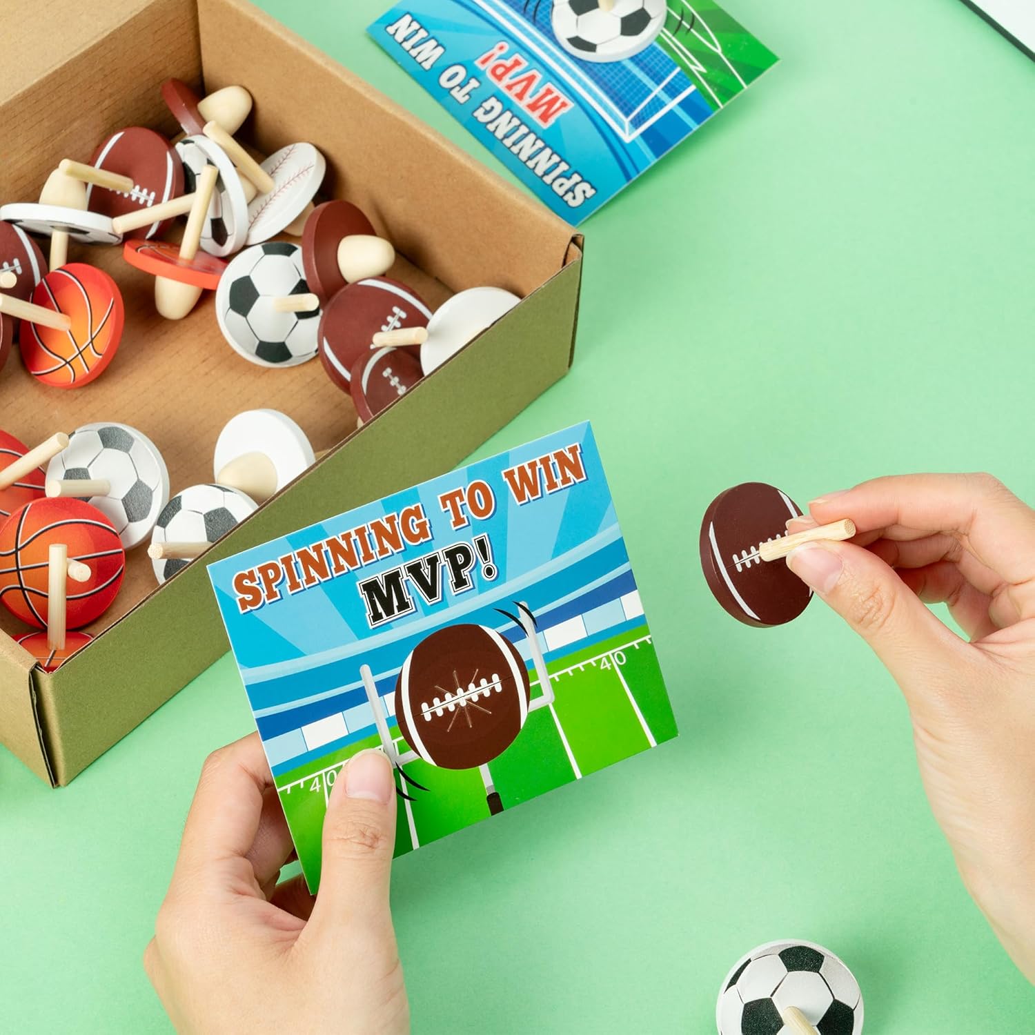 BeYumi Sports Ball Spinning Tops - 32Pcs Sports Ball Wooden Spinning Tops Set for Boys Goodie Bags Goody Bag Stuffers Classroom School Party Favors Return Gifts Present for Kids