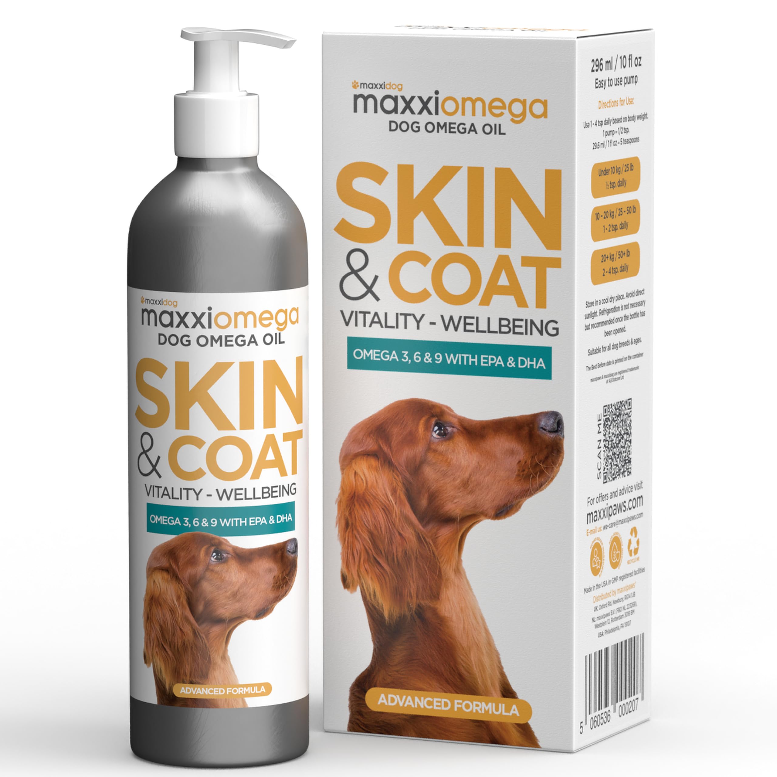 maxxipaws maxxiomega - Omega 3, 6 & 9 Oil for Dogs | Wild-Caught Fish Oil with EPA, DHA, Vitamins & Biotin for Healthy Skin, Glossy Coat, Joint and Immune Support | Easy to Use Pump | 250 ml