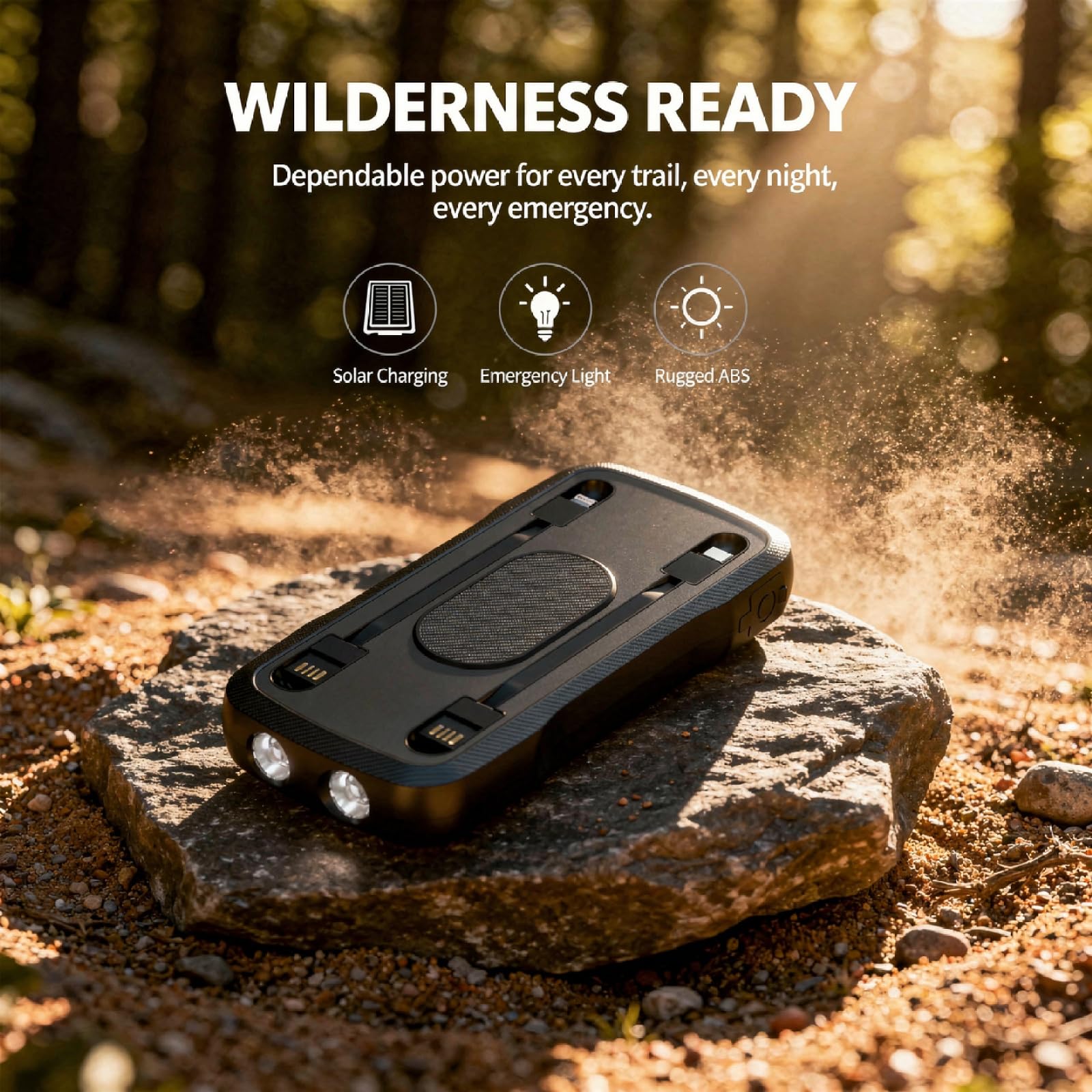 Banca di energia solare da 10000 mAh, caricatore wireless portatile con accendifuoco, doppia torcia a LED, guscio sottile in ABS per campeggio e uso di emergenza