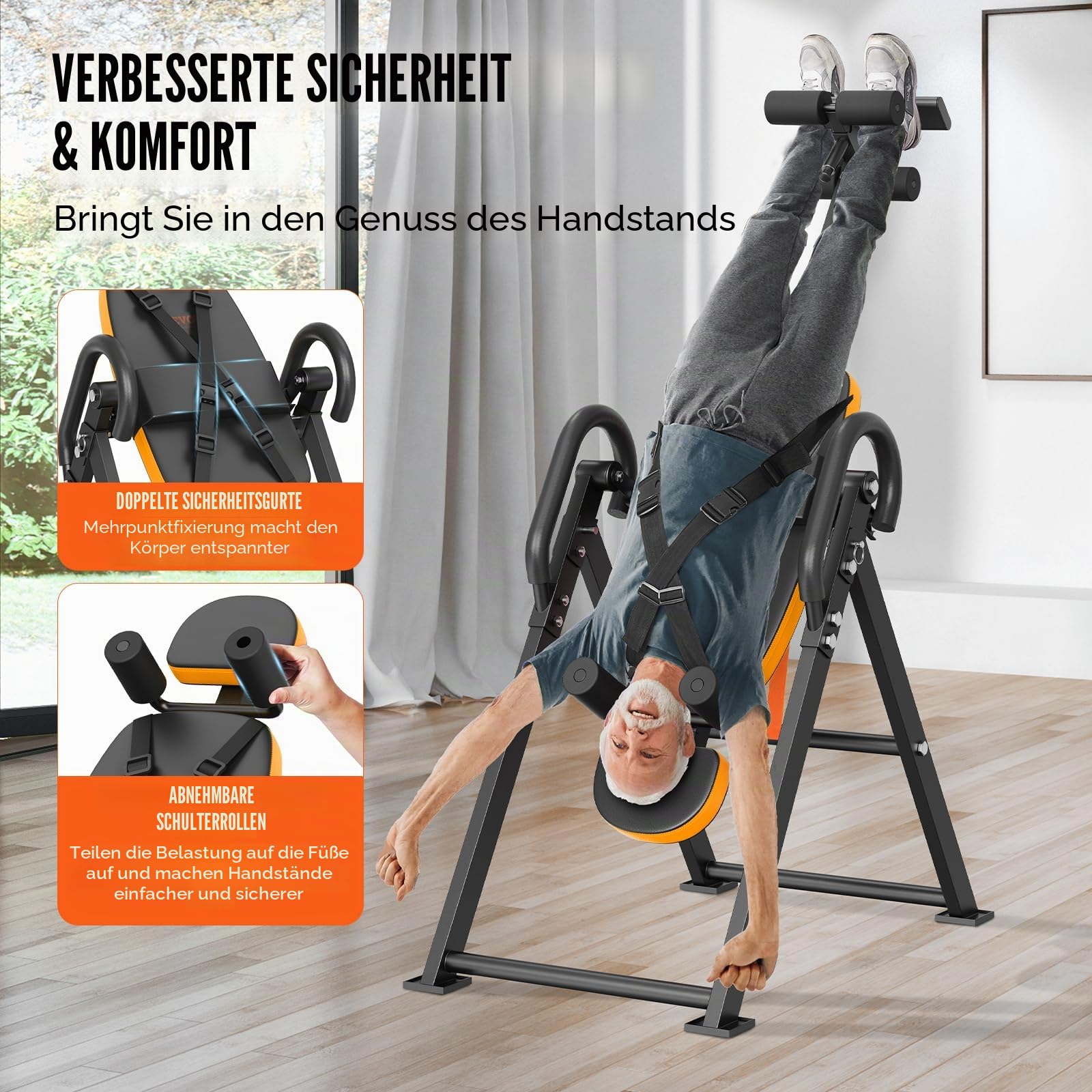 VEVOR Inversionstisch Inversionsbank, 136 kg belastbar, Multifunktionsgerät Rückentrainer, klappbares Krafttrainingsgerät mit Kopfstütze, Knöchelverriegelung, verstellbarem Schutzgurt, Orange/Schwar