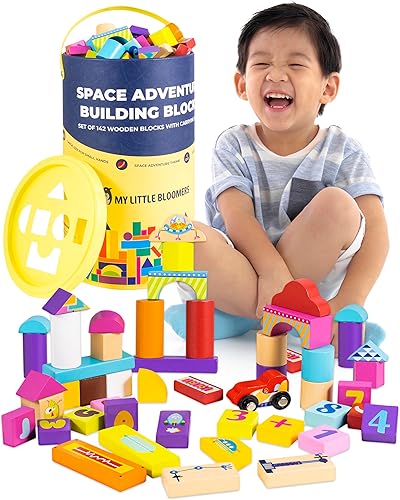 My Little Bloomers 142 Piece Wood Building Blocks Set - Wooden Stacking Blocks for Toddlers and Kids Ages 3-5 - Includes Container with Shape