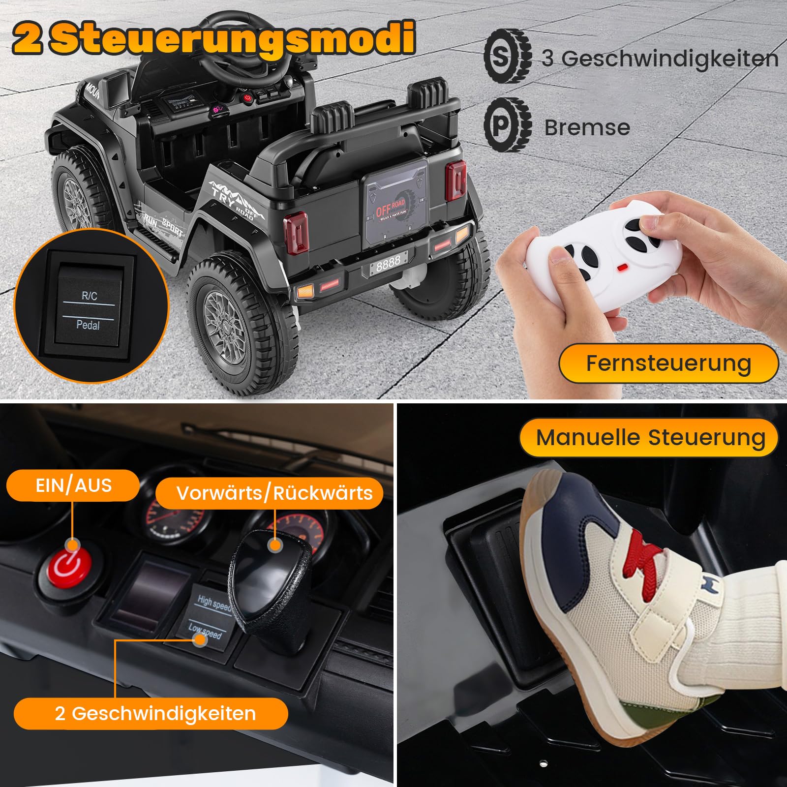 COSTWAY Elektroauto für Kinder, 12V Elektro Kinderauto mit Fernsteuerung & LED-Scheinwerfern & Musik & USB, Elektrofahrzeug für Kinder ab 3 Jahren (Schwarz)