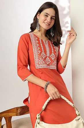 Janasya Indian Women's Cotton Rust Yoke Embroidered Casual Wear Kurta for Women