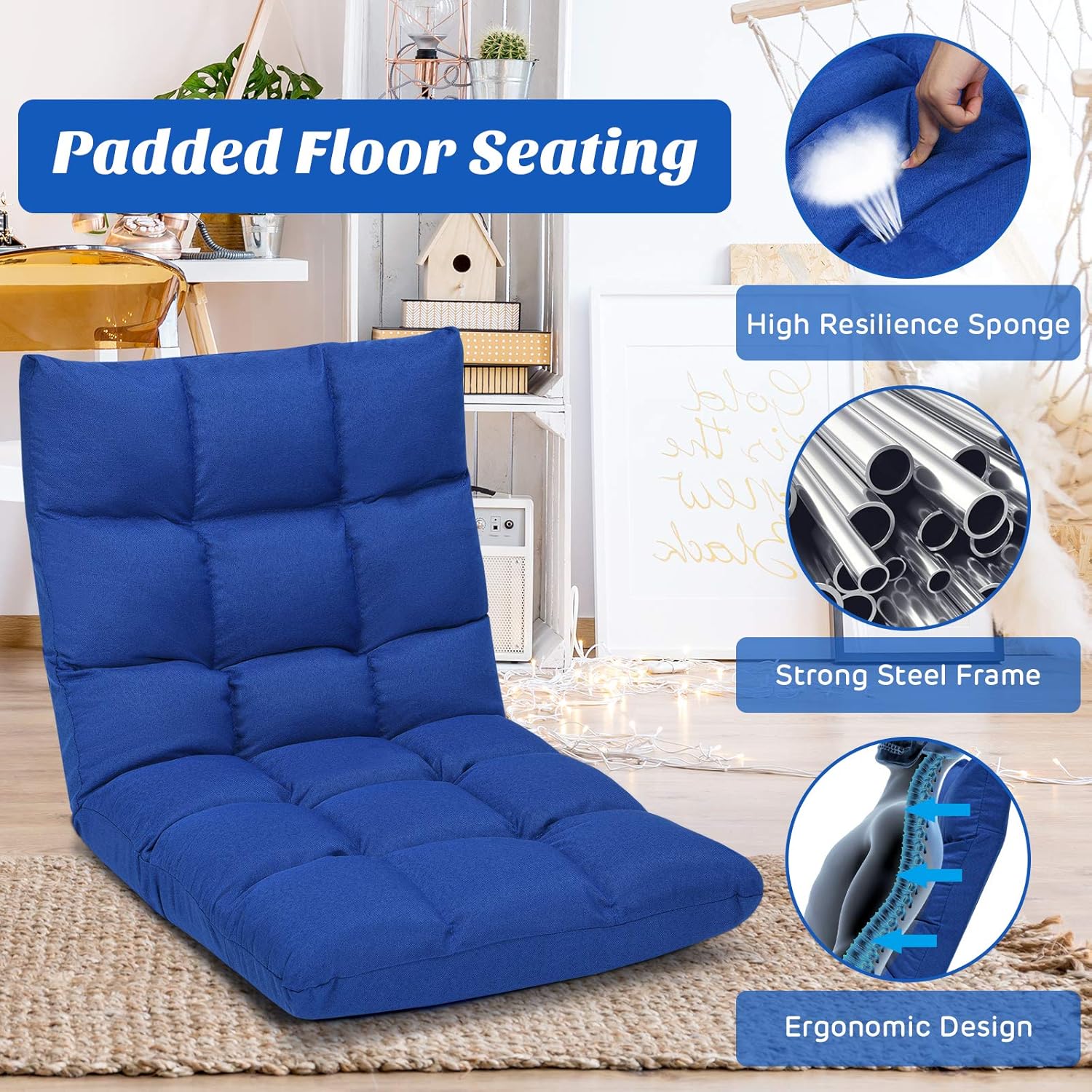 Multigot Folding Floor Chair, 14-Positions Adjustable Lazy Sofa Bed, Relaxing Floor Recliner Padded Sleeper Chair for Gaming Reading Resting (Blue)