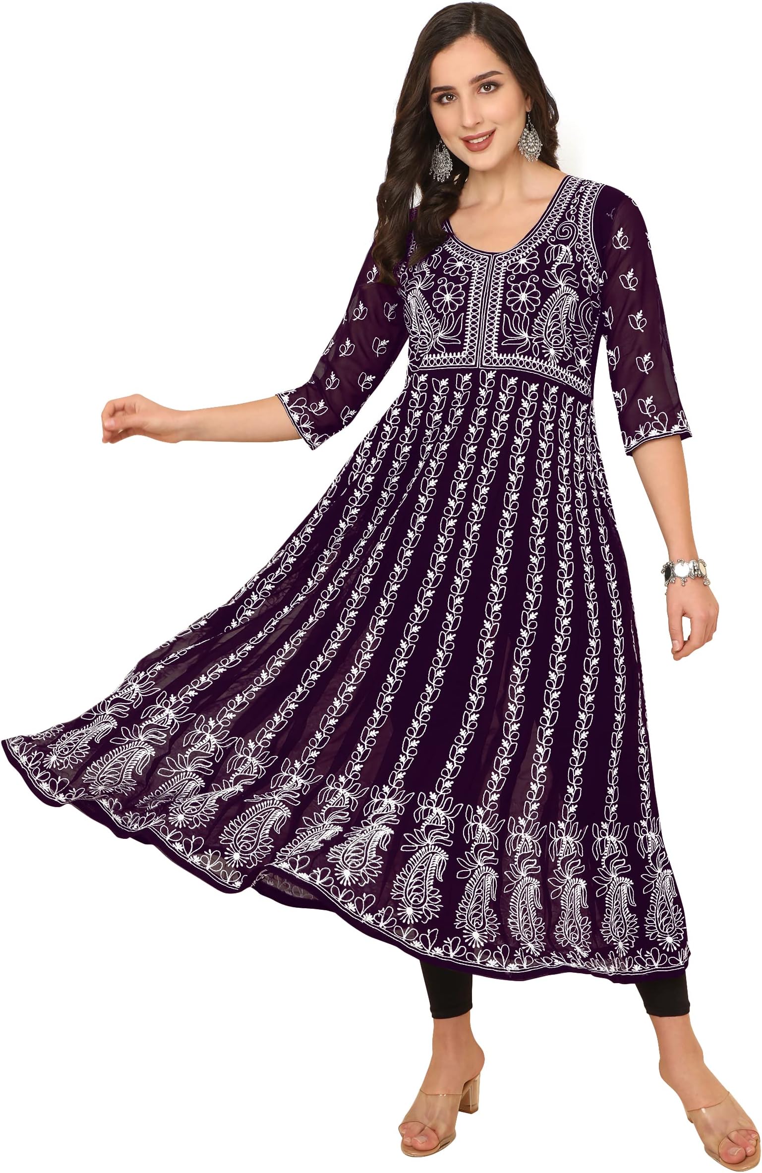 EthnicJunction Women's Georgette Regular Fit Anarkali Chikankari Embroidered Eid Special Kurta | Eid Outfits