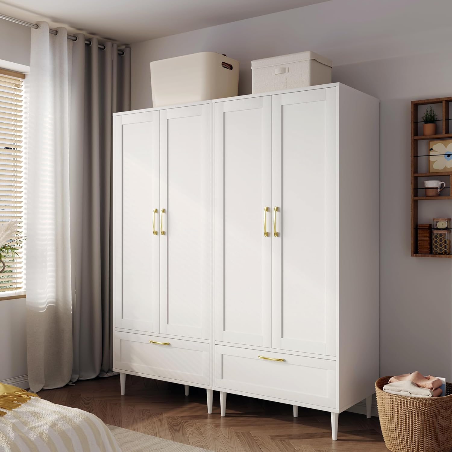 Wardrobe Closet with Drawer, Armoires and Wardrobes with Shelves and Hanging Rail,Freestanding Wooden Wardrobe Cabinet for Bedroom,White