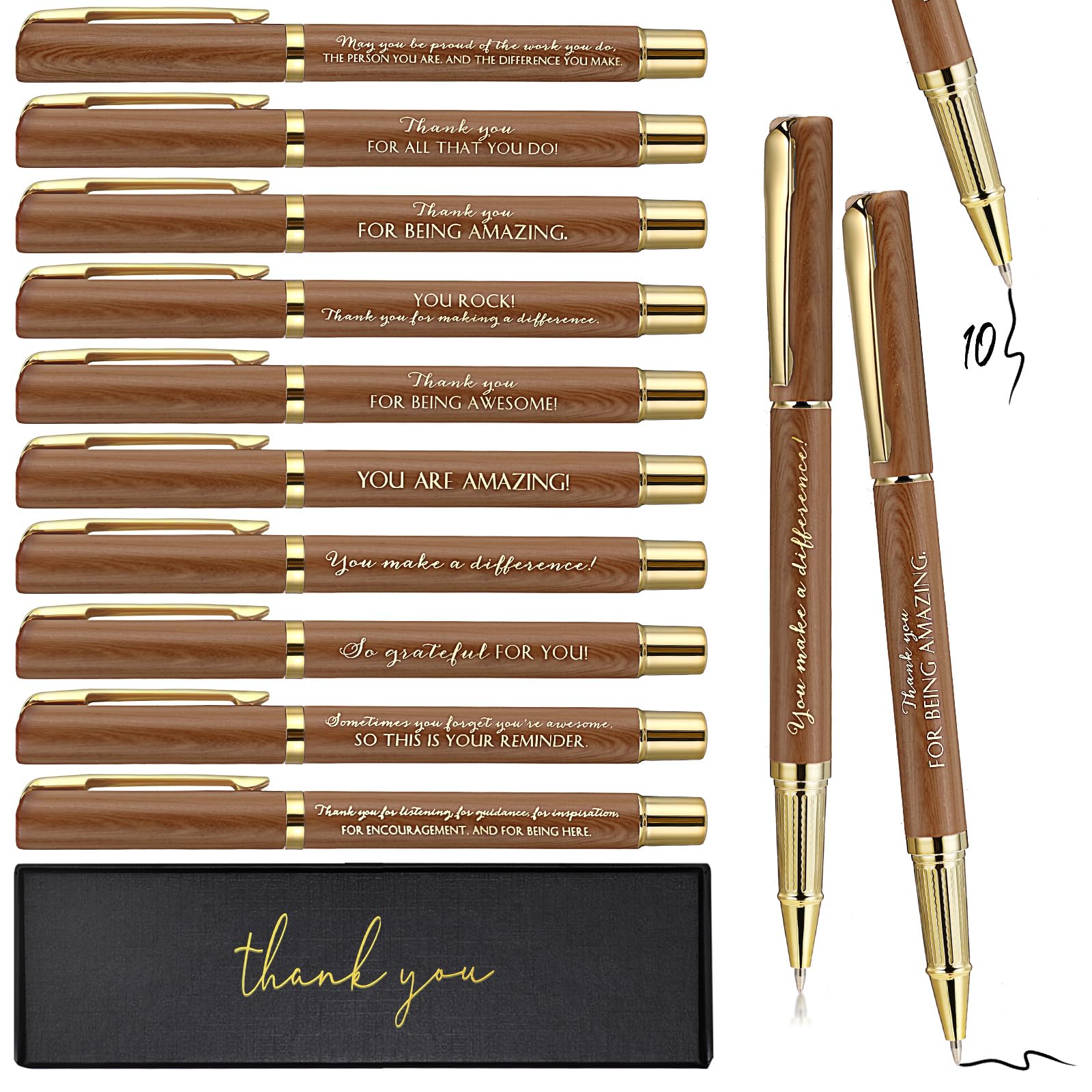 PerKoop 10 Set Thank You Gifts Inspirational Ballpoint Pens with Gift Boxes Bulk Appreciation Party Favors for Employee Coworker Staff Team Friends Office Supplies(Natural,Mixed)