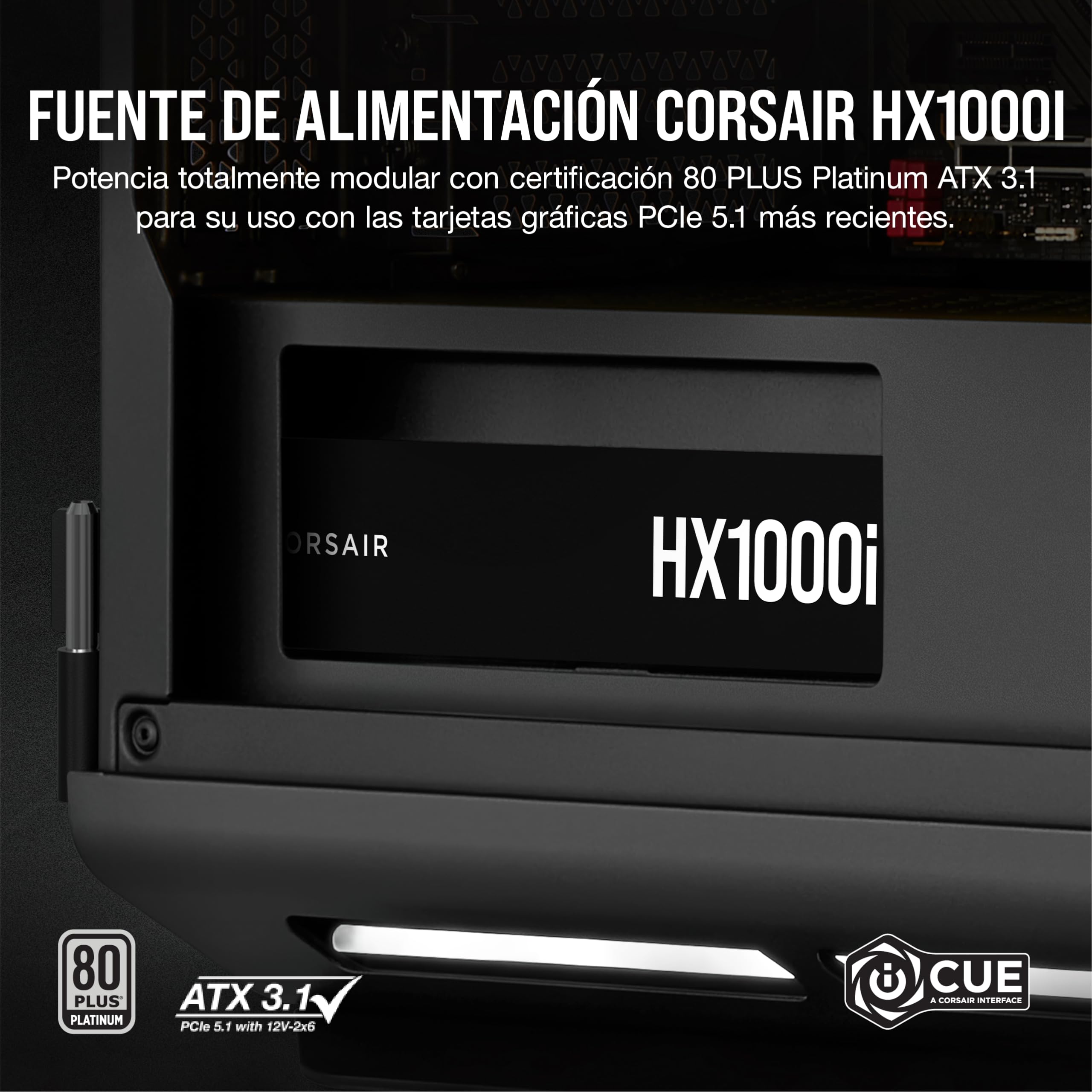 Corsair HX1000i Fuente de Alimentación ATX Totalmente Modular de Muy Bajo Nivel Sonoro - Compatible con ATX 3.1 y PCIe 5.1 -Ventilador con Rodamiento Dinámico Fluido - 80 Plus Platinum - Negro