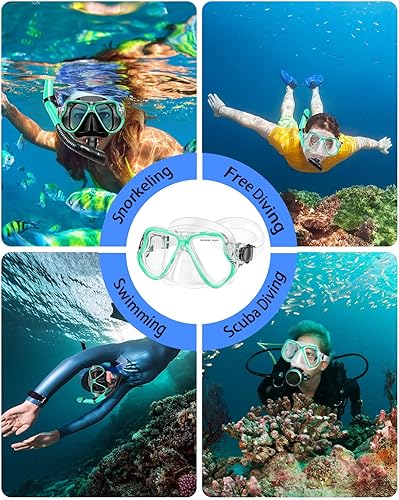 Miniatura 39 de Equipo de esnórquel para adultos y niños, juego de esnórquel en seco, lente panorámica de vidrio templado antifugas y antivaho. Juego de esnórquel