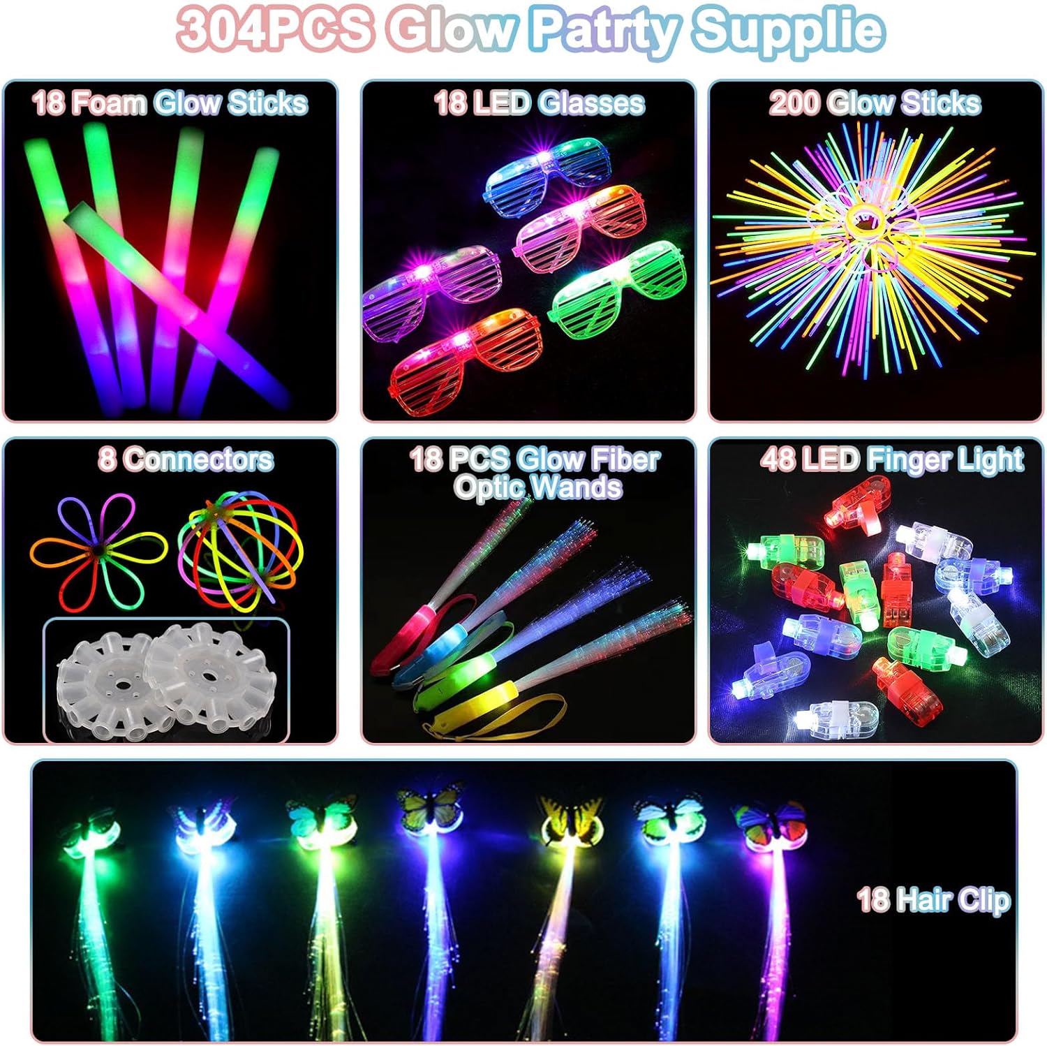 328 PCS Glow in The Dark Party Supplies, 200 Glow Sticks, 18 LED Glasses, 18 Foam Foam Sticks 18 Fiber Optic Wands, 18 LED Hair Clips, 8 Connectors for Neon Party, Wedding, Birthday, Concert, Raves
