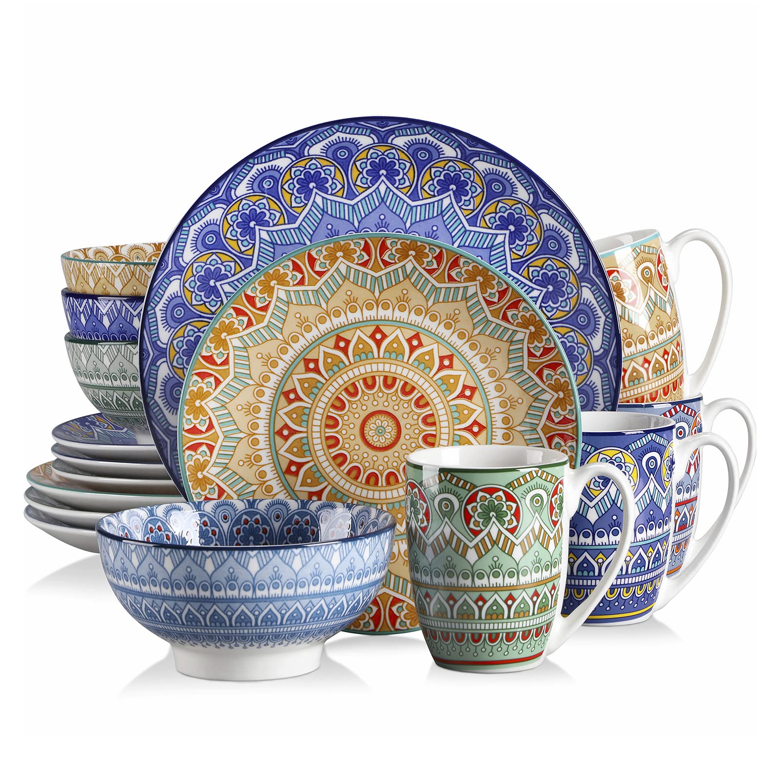 vancasso 16 Pieces Porcelain Dinner Set for 4 - Mandala Dinnerware Dish Set Artisanal Pieces with 10.5in Dinner Plate, 8in Dessert Plate, 6in Bowl and 13oz Mugs