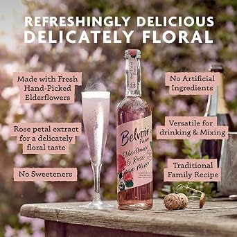 BELVOIR FRUIT FARMS Elderflower & Rose Syrup Mixer 500ml - Floral Drink Mix, Made with Natural Elderflower and Rose Extracts, Perfect for Cocktails and Refreshing Drinks