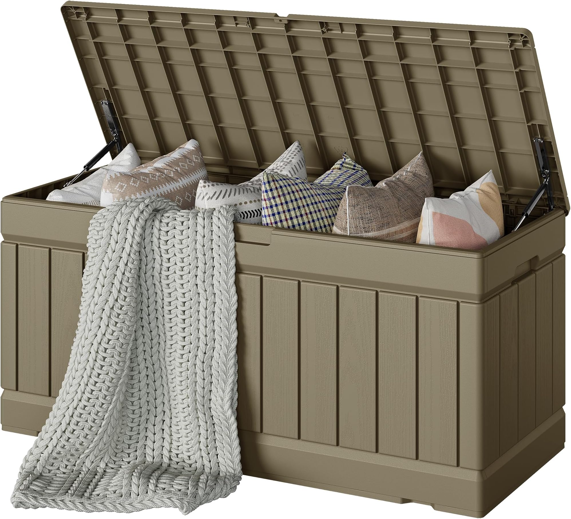 Devoko 78 Gallon Deck Box, Waterproof Resin Outdoor Storage Box for Outside and Patio, Outdoor Storage Bench Lockable for Patio Furniture, Garden Tools and Pool Supplies (Light Brown, 78 Gallon)