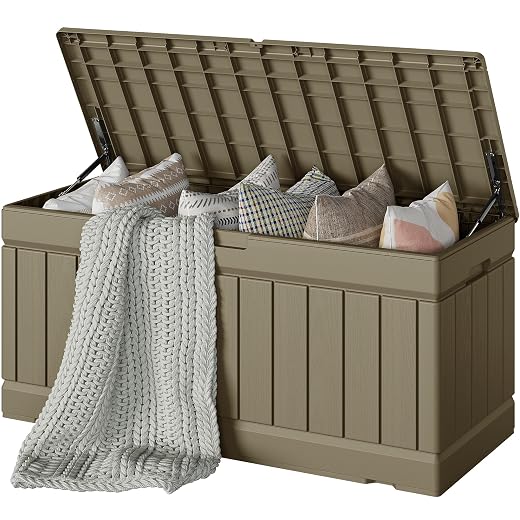 Devoko 78 Gallon Deck Box, Waterproof Resin Outdoor Storage Box for Outside and Patio, Outdoor Storage Bench Lockable for Patio Furniture, Garden Tools and Pool Supplies (Light Brown, 78 Gallon)