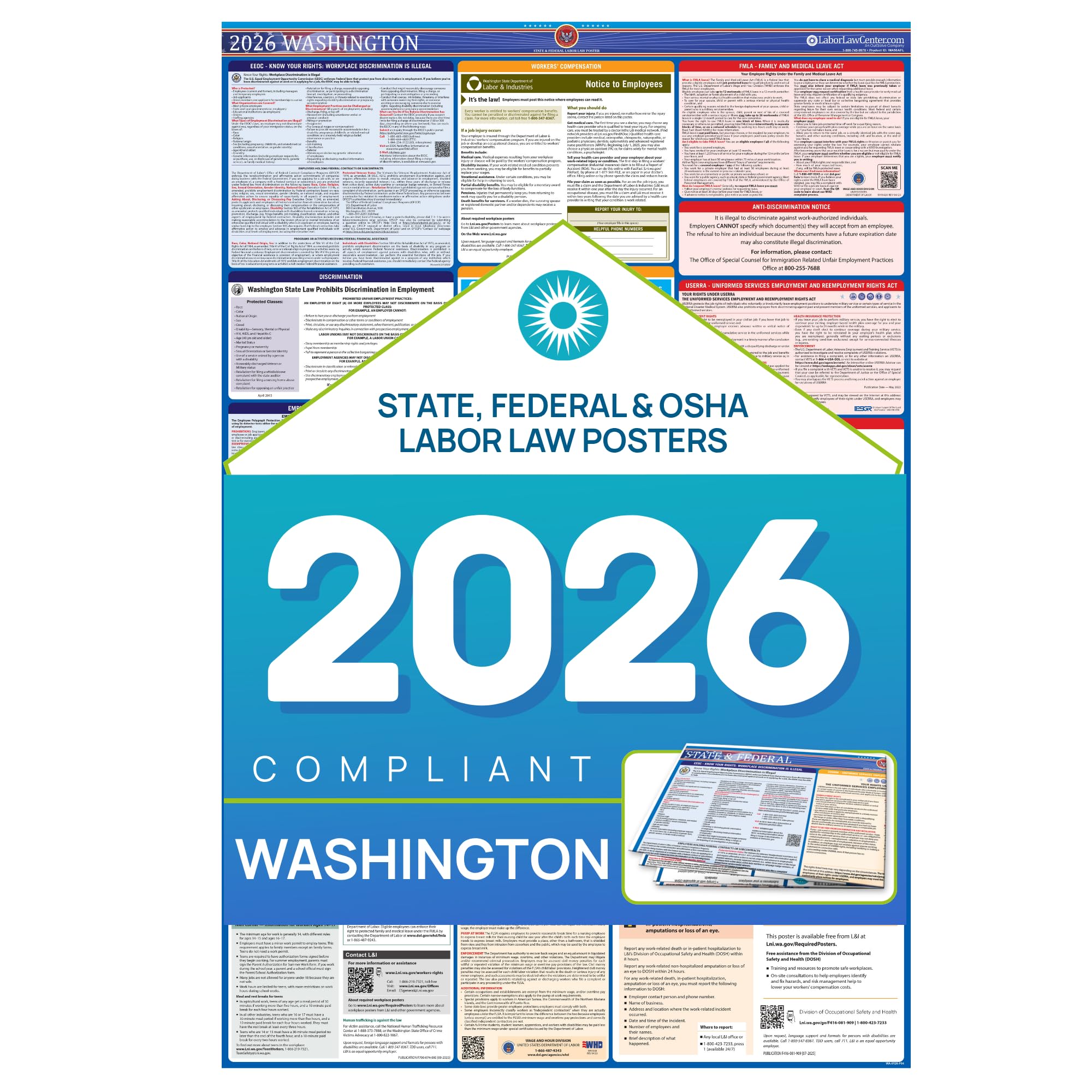 Labor Law Poster Washington 2026, Paper Unlaminated, State, Federal Notices