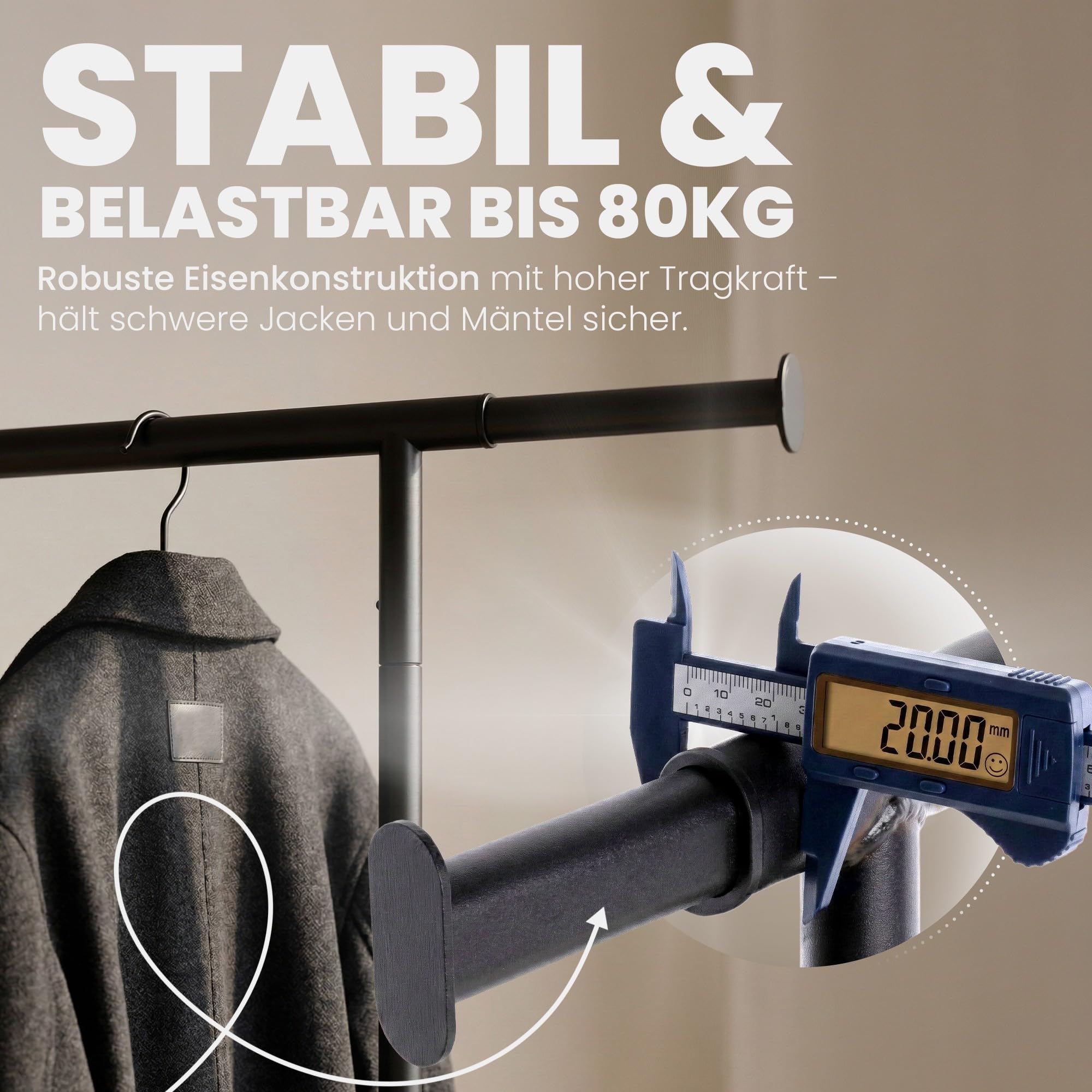 CLP Kleiderständer auf Rollen Bernis, Garderobenständer Metall ausziehbar, Kleiderstange stabil bis 80kg belastbar mit Schuhablage, Größe:XL