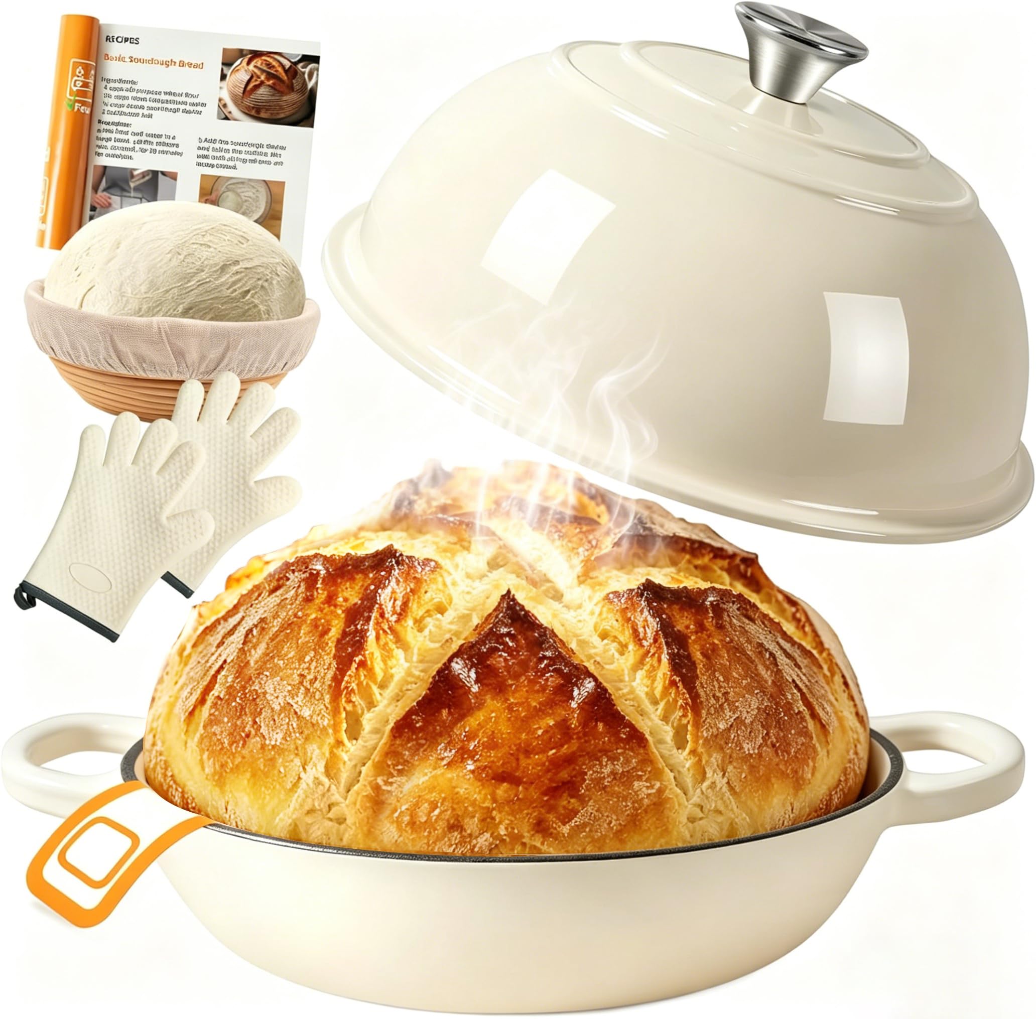 Gusseisen Topf Brot Backen,5,7L Bräter Emaille Schmortopf mit Deckel und Griffen,26 cm Dutch Oven,Brotbacktopf mit Gärkorb,Schmortopf Gusseisen Topf für Küche Backen Schmoren & Braten (Weiß)