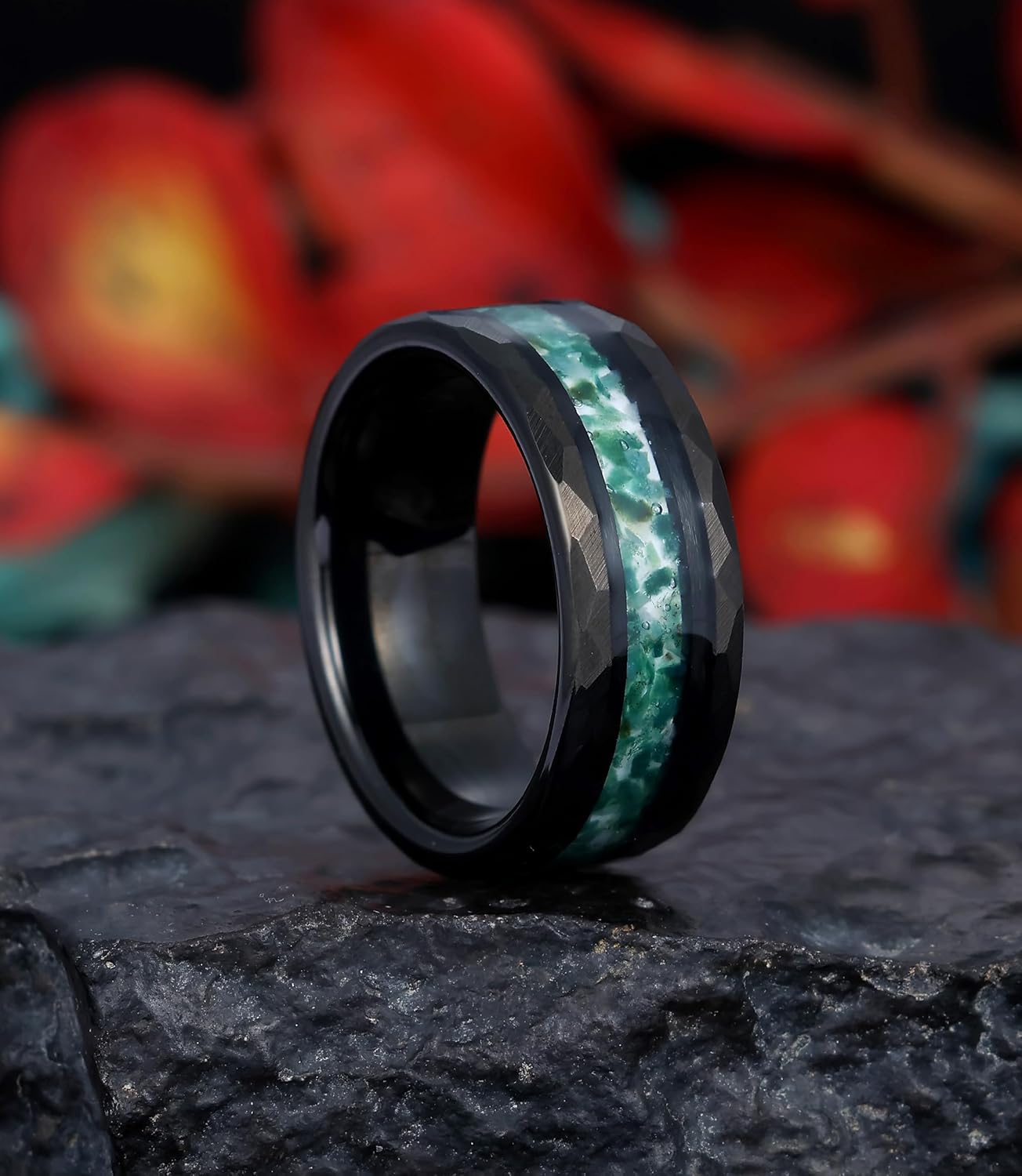 Hammered 8mm Black Gold Plated Tungsten Mens Wedding Bands Ring with Amethyst/Moss Agate/Emerald/Citrine/Aquamarine Option, Gothic Birthstone Tungsten Carbide Unique Daily Wear Promise Rings for Him Size 7-14 - Image 3