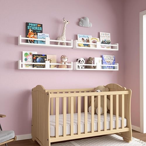 Miniatura 4 de Juego de 4 estantes flotantes blancos de 24 pulgadas, estantes colgantes de pared para pared de habitación de niños, estantes de pared blancos,