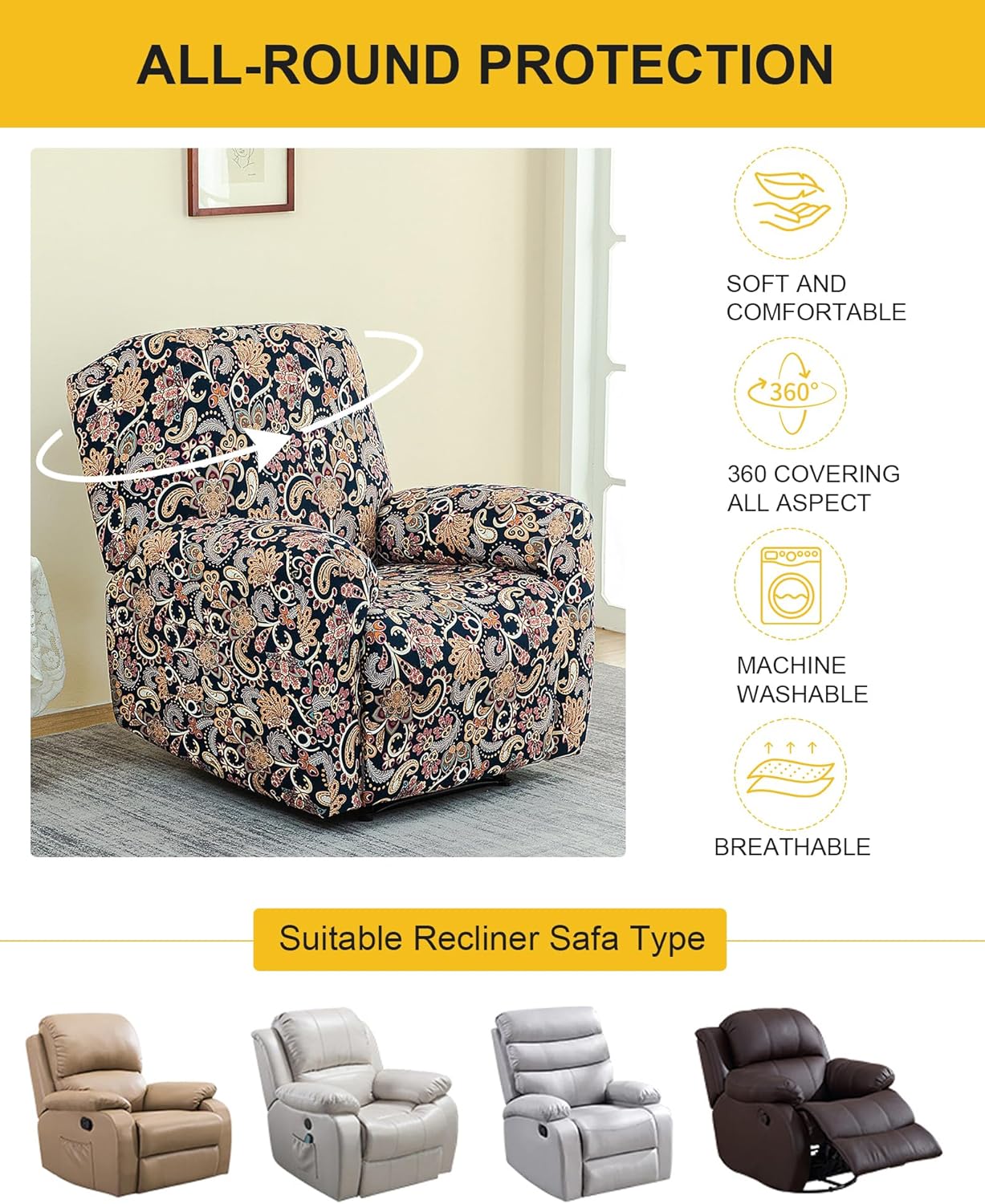 NILUOH Recliner Chair Covers, 4-Pieces Stretch Recliner Cover Soft Pattern Reclining Chair Slipcover That Stay in Place Washable Furniture Protector for Lazy Boy Recliner
