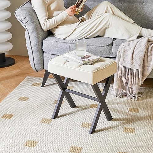 Miniatura 4 de IBUYKE - Taburete de maquillaje cuadrado con reposapiés de patas en X, reposapiés de lino, asiento otomano, multiusos como pequeña mesa auxiliar,