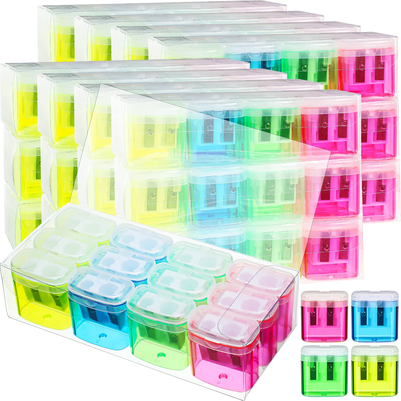 Teling 144 Pcs Manual Pencil Sharpeners Bulk Handheld Dual Holes Pencil Sharpeners for Kids Colorful Portable Compact Sharpener with Lid for Students School Class Home Office Supply