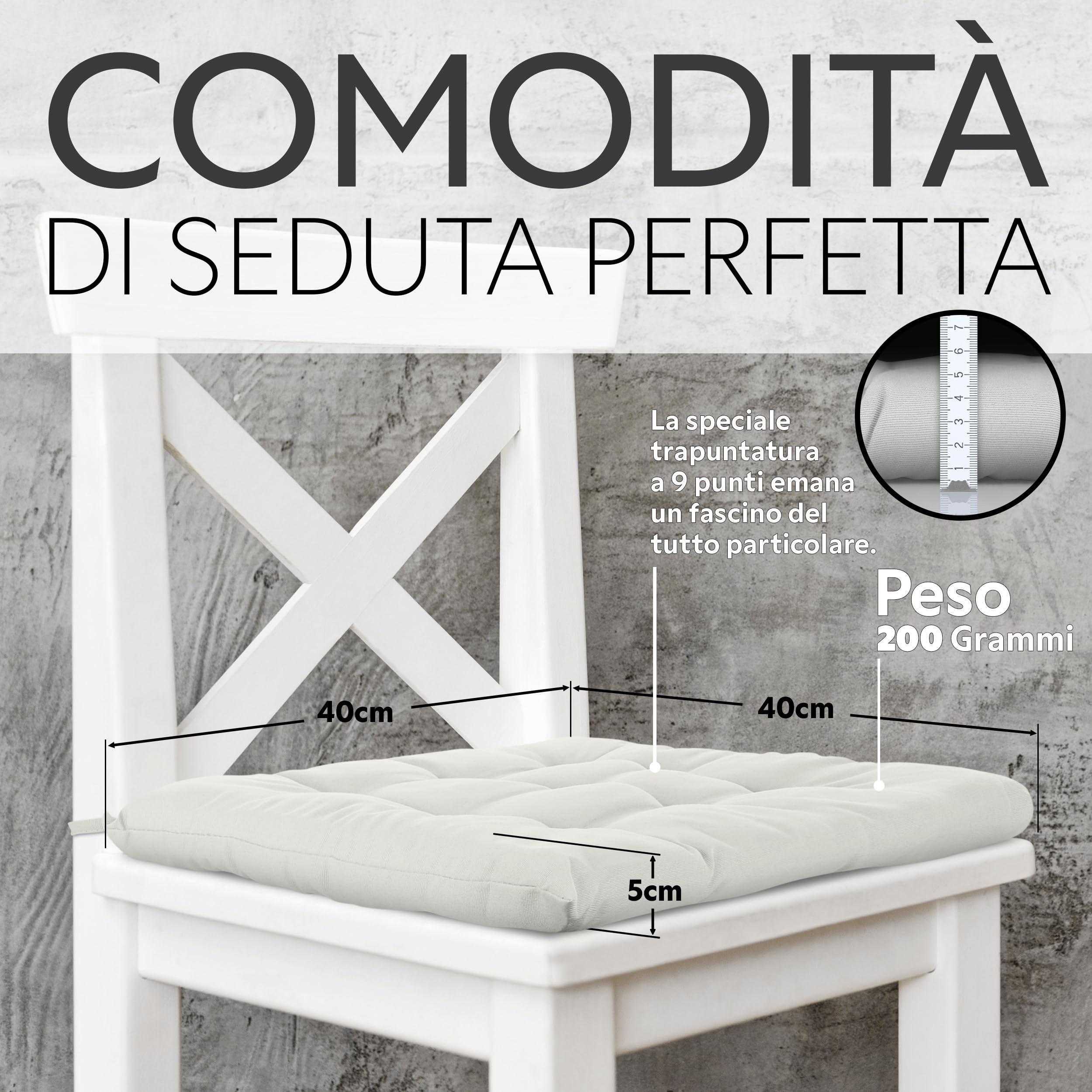 Brandsseller Set di 4 Cuscino per sedia 40x40 cm Imbottito con Cinturini di Fissaggio Bianco