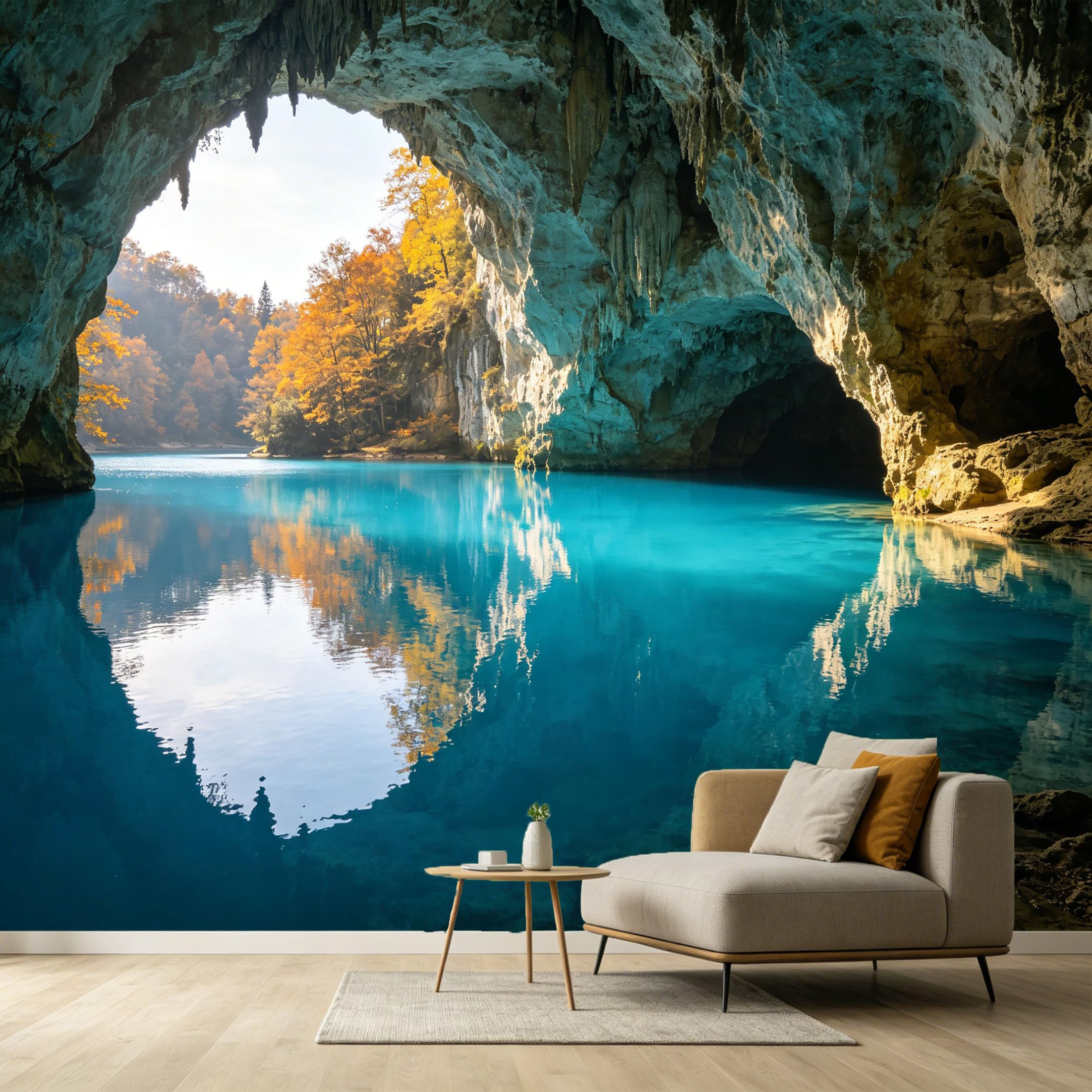 Custom Size Wall Murals Cave Lake Landscape Mountain Lake 3D Trompe L'Oeil SelfAdhesive Wall Fabric Removable Large Wallpaper for Photo Living Room Decoration