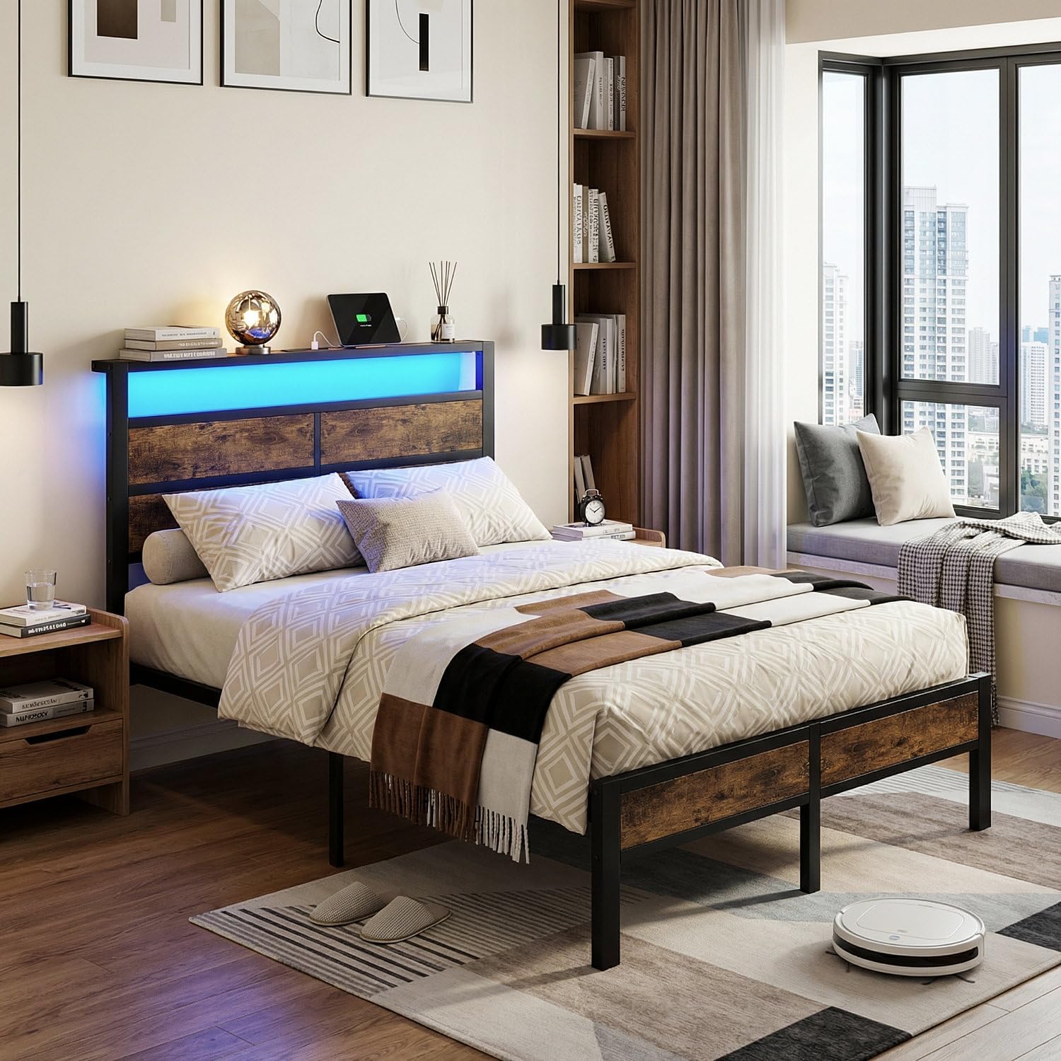 Full Size Metal Bed Frame with Storage Headboard, LED Lights thumbnail