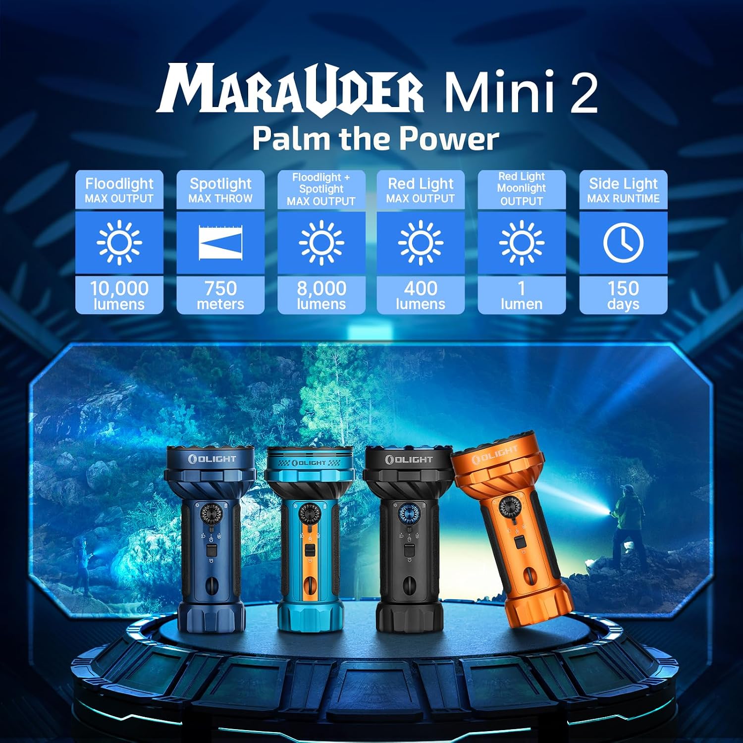 OLIGHT Marauder Mini 2 Bright Flashlight 10,000 Lumen with 750 Meters Beam Distance, Rechargeable Light with Dual Charging & 5 Lighting Modes for Outdoor, Camping, Emergencies (Sapphire)