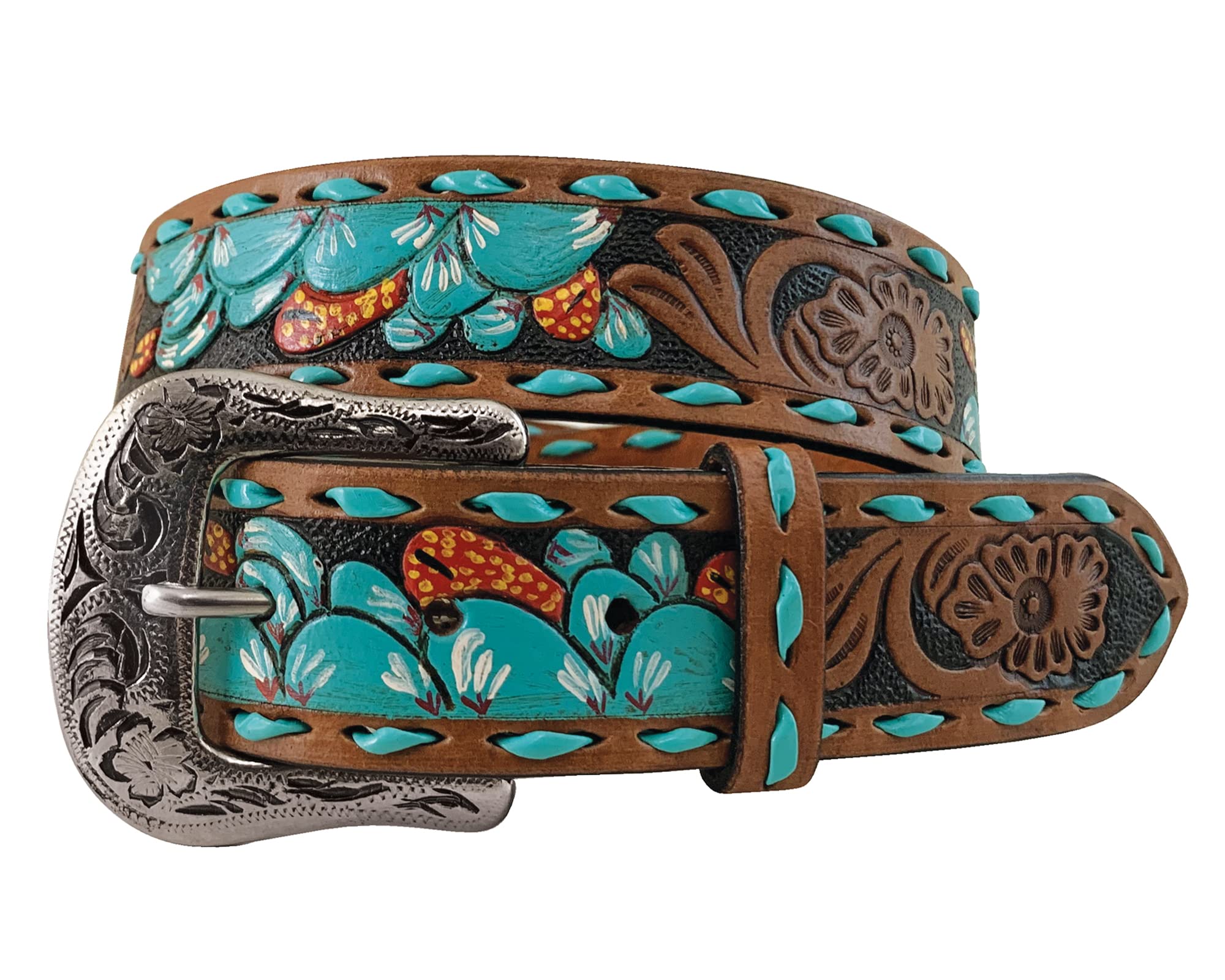 Roper Women's Floral and Cactus Design Belt with Buckle, Turquoise/Brown, L