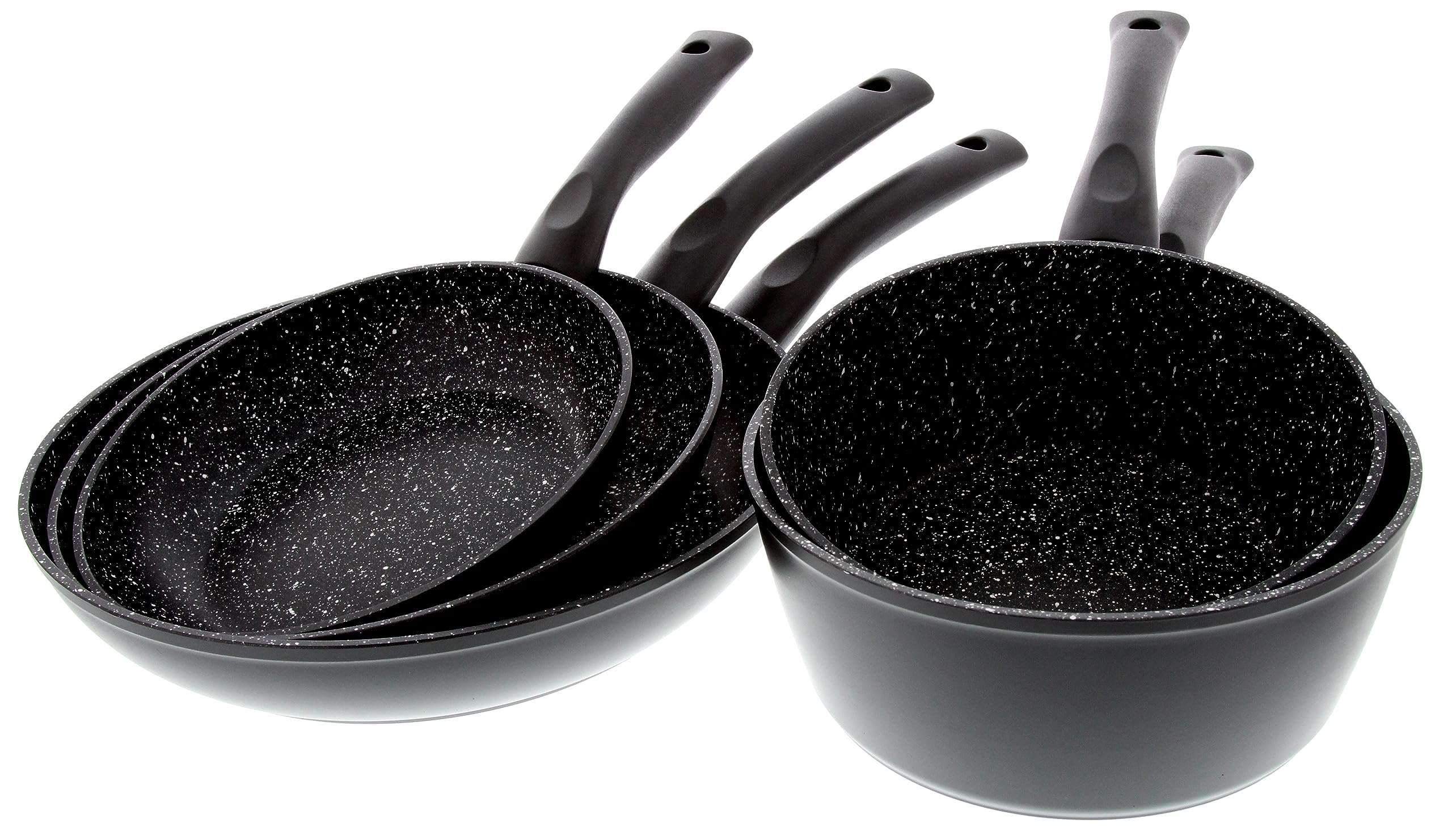 Pradel Excellence - Set de 3 Poêles 20/24/28 cm + 2 Casseroles 18/20 cm - Aluminium Forgé - Revêtement Anti-Adhésif Façon Pierre - Manche Fixe - Tous Feux y compris Induction