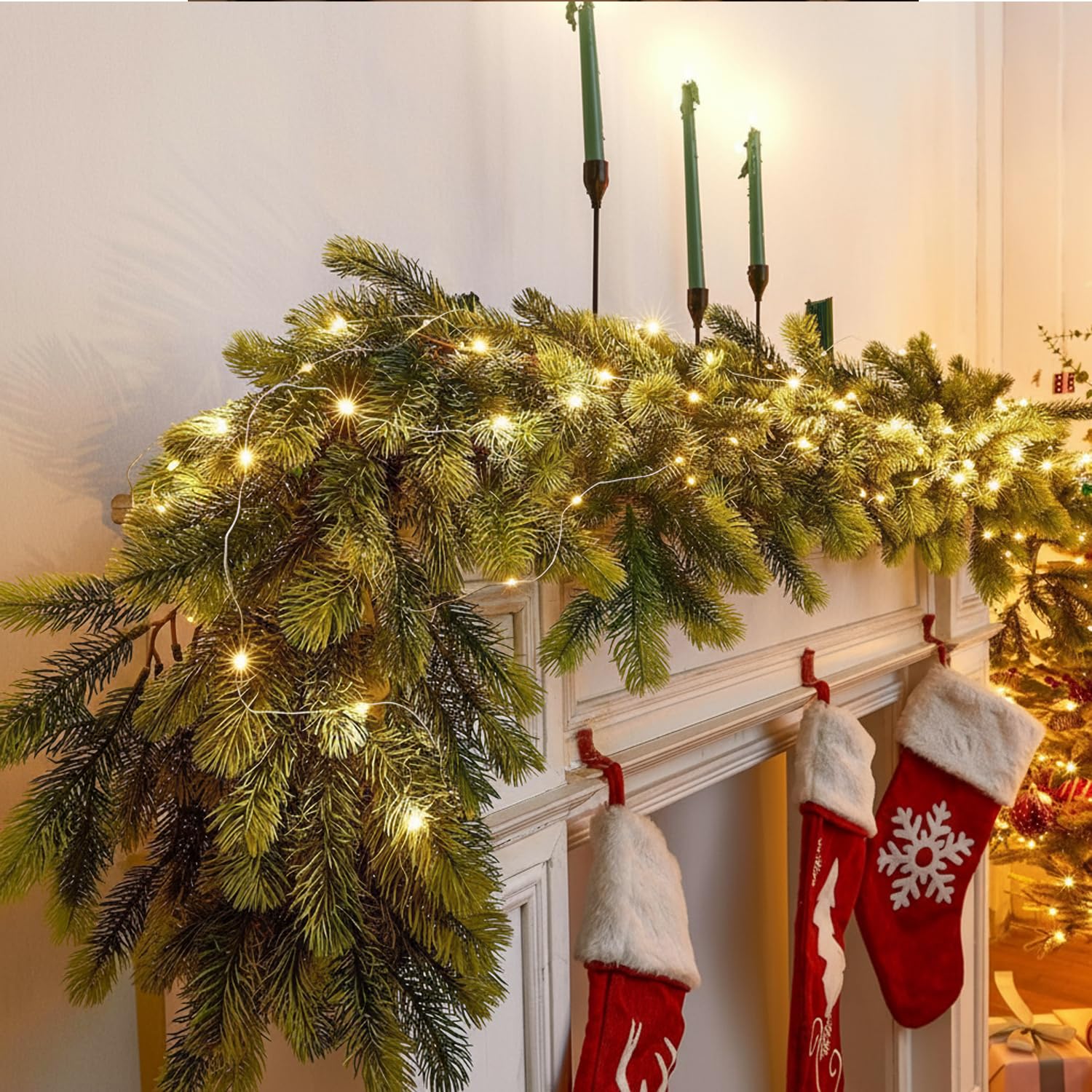Ghirlanda di Natale Artificiale,5.91FT/1.8M Real Touch Stereo Pine Garland caminetti, per Tavolo, Mantello, Parete, Interni, Decorazioni Natalizie Aall'aperto,Verde
