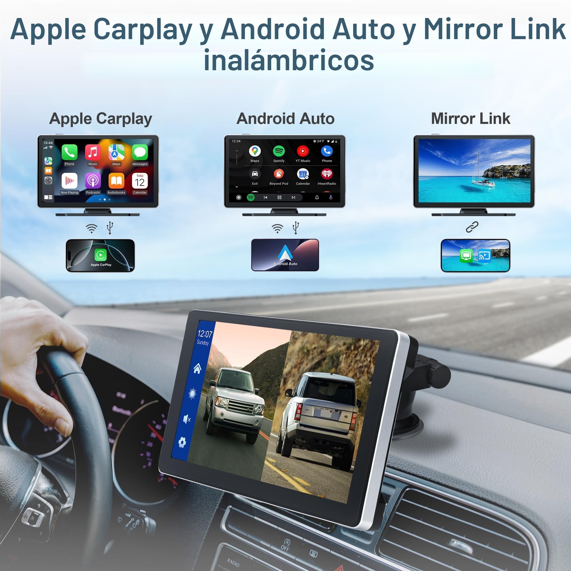 Radio de 9 Pulgadas con Apple Car Play y Android Auto, Reproductor portátil táctil inalámbrico con Control de Voz, cámara Dual 4K Frontal y Trasera 1080p (9 Pulgadas + 2 cámaras)