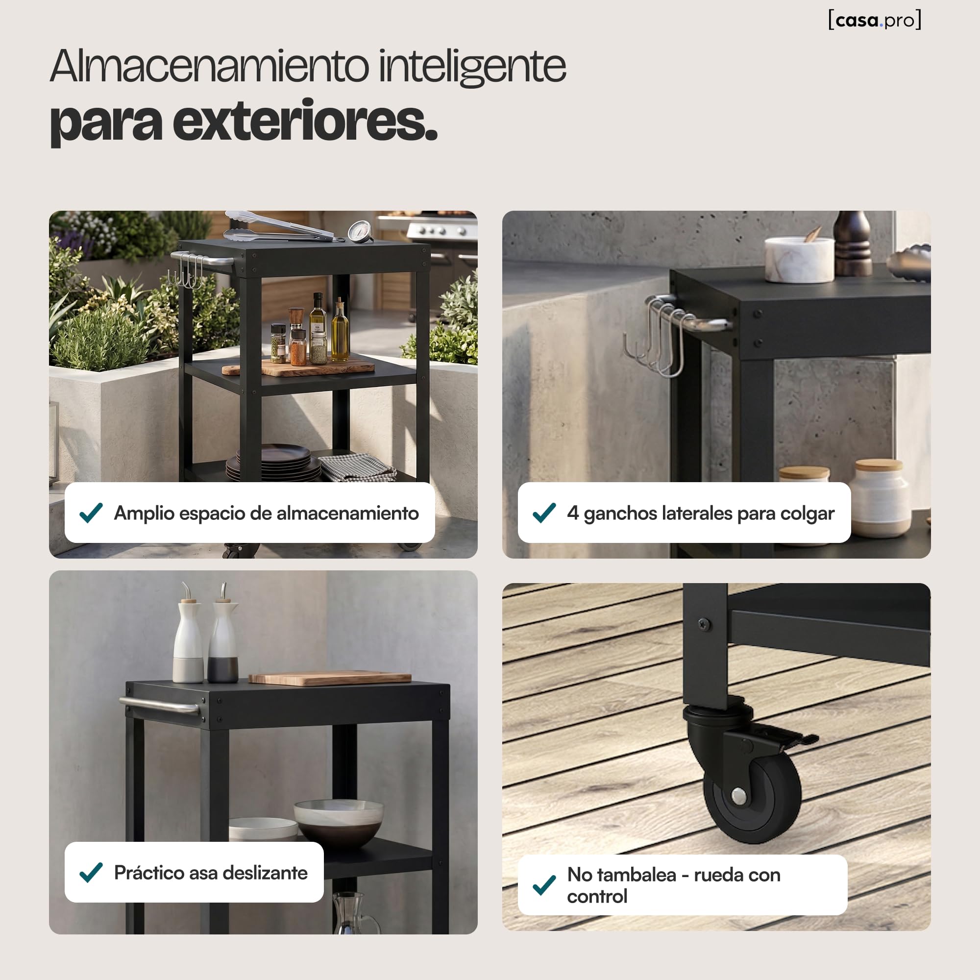 casa.pro Carro de Servicio Bolognano para Jardín Carrito Auxiliar con Ruedas de Exterior Carro de Barbacoa de 3 Niveles Patio Piscina Terraza Metal 81 x 50 x 50 cm - Negro