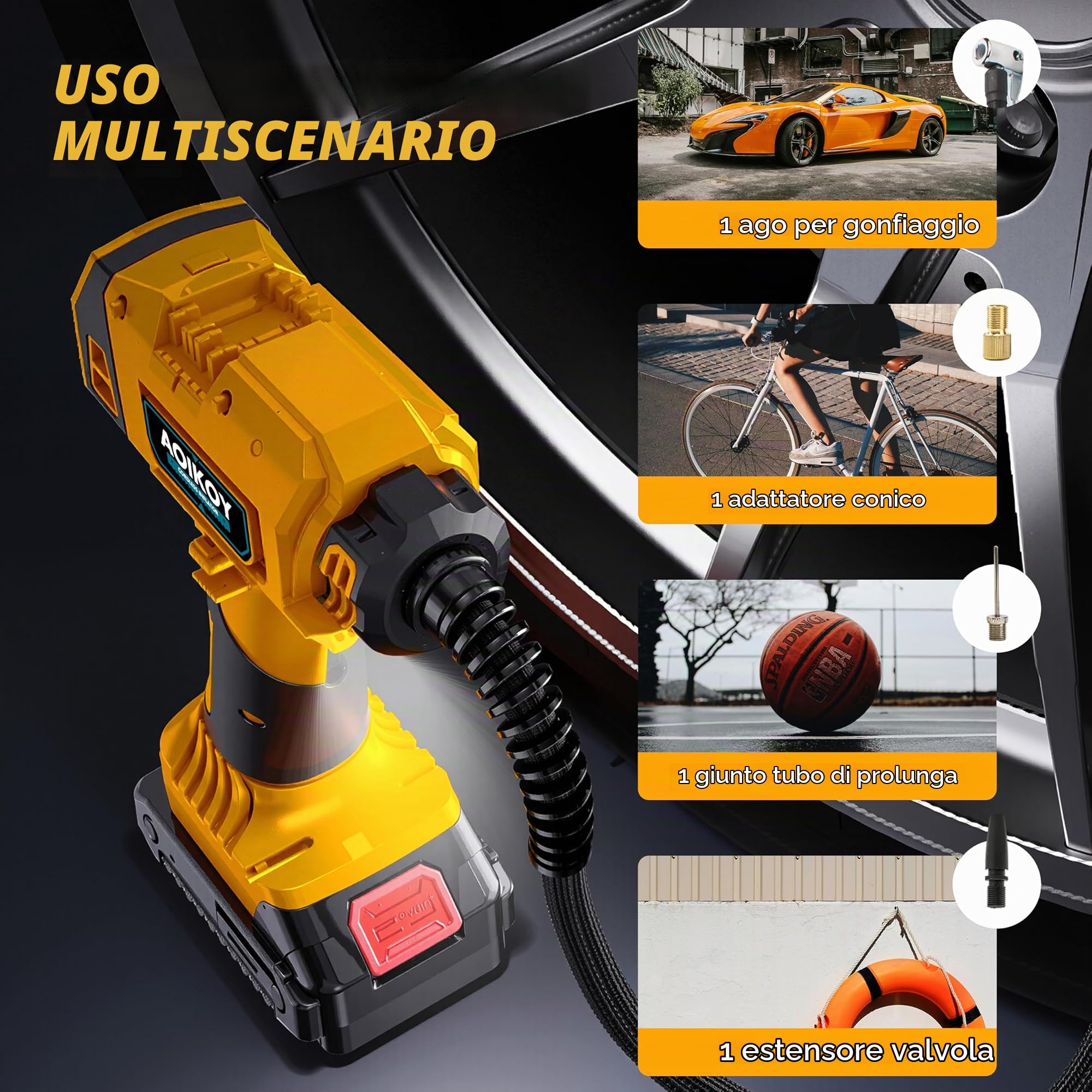 Mini Compressore Portatile, Compressore Auto Senza Fili Compatibile con Batteria Dewalt 21V, 160PSI Compressore Aria Portatile con LED e 3 Ugelli, per Auto, Moto, Bicicletta, Senza Batteria