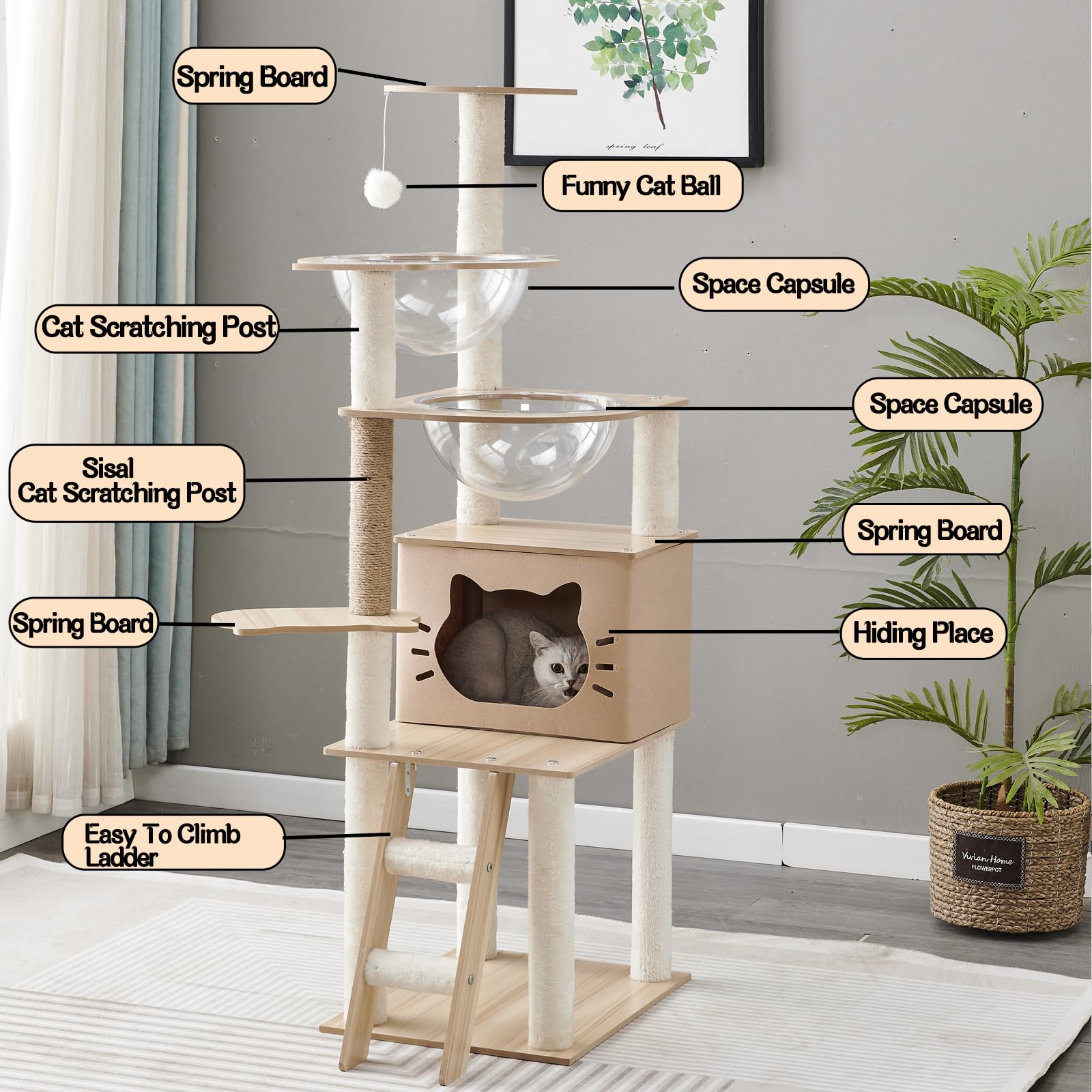 Mekidulu Albero per gatti da interno, 145 cm, condominio multilivello con 2 ciotole, 1 casa, 2 posatoi, 1 scala, 1 pompon, peso 15 kg, albero per gatti in legno (beige N3)