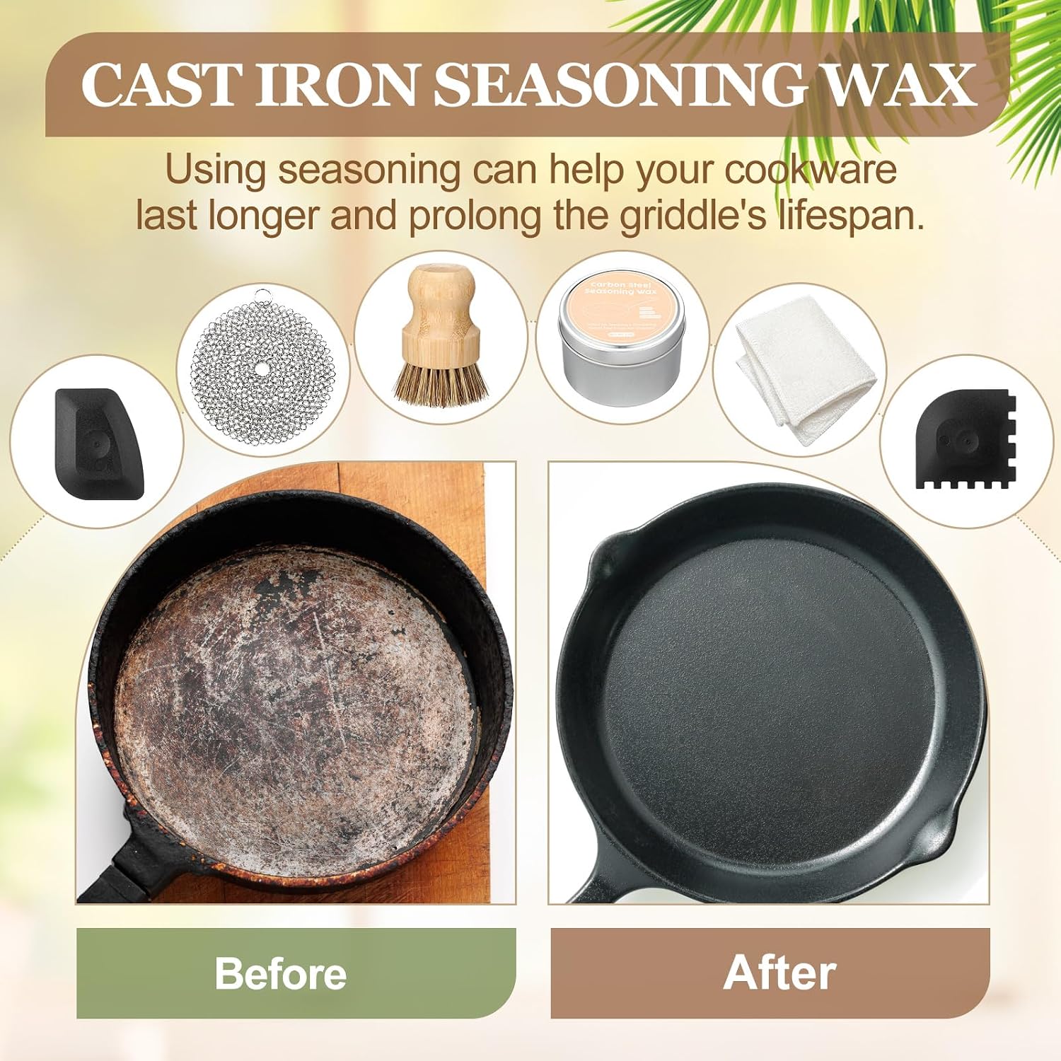 6 Pcs Cast Iron Cleaning Kit Includes Cast Iron Seasoning Wax, Chain Mail Scrubber, Cleaning Brush, Scrapers and Dish Towel Carbon Steel Care Set for Pan Grill Kitchen Supplies