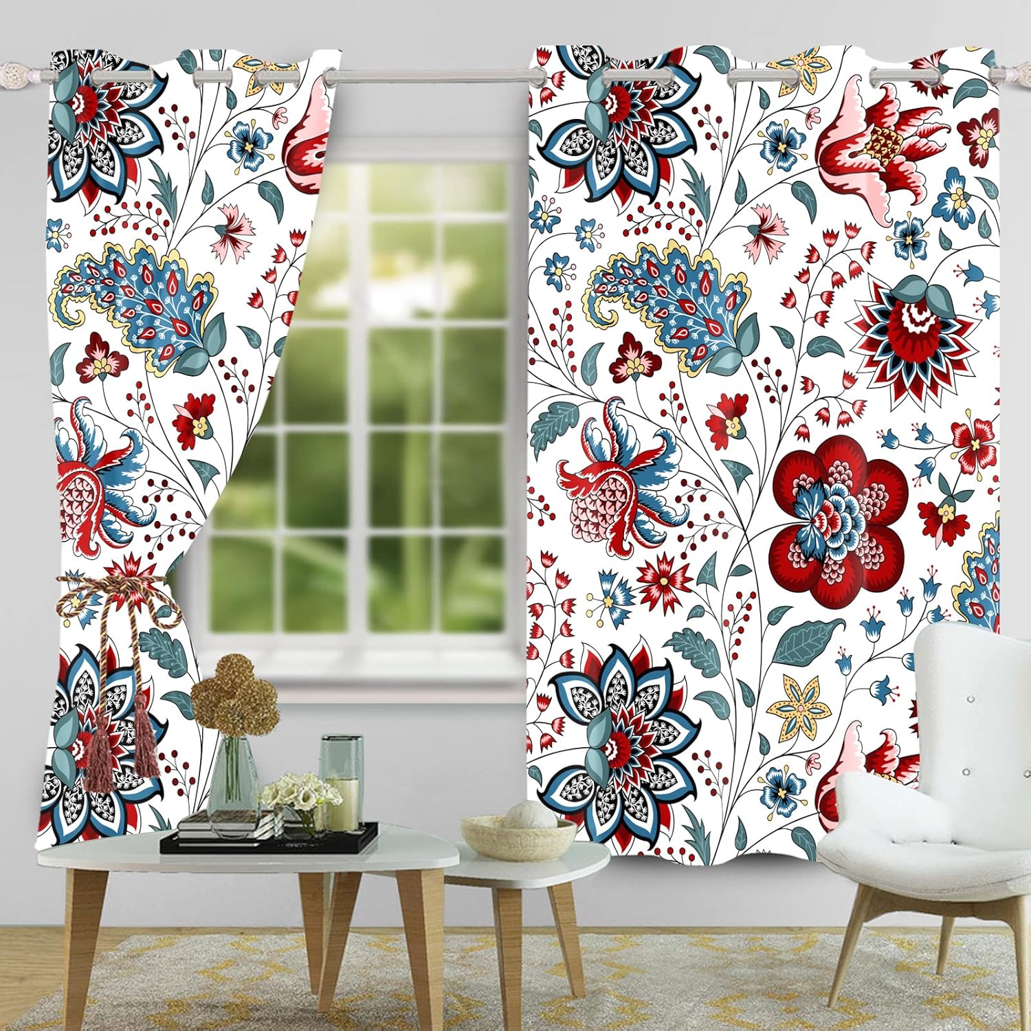 Boho Colorful Floral Blackout Curtains Paisley Flower Plant Printing Pattern Minimalist Decor Curtain for Bedroom Living Room Grommet Darkening Window Drapes 2 Panel Set, 21x45 Inch