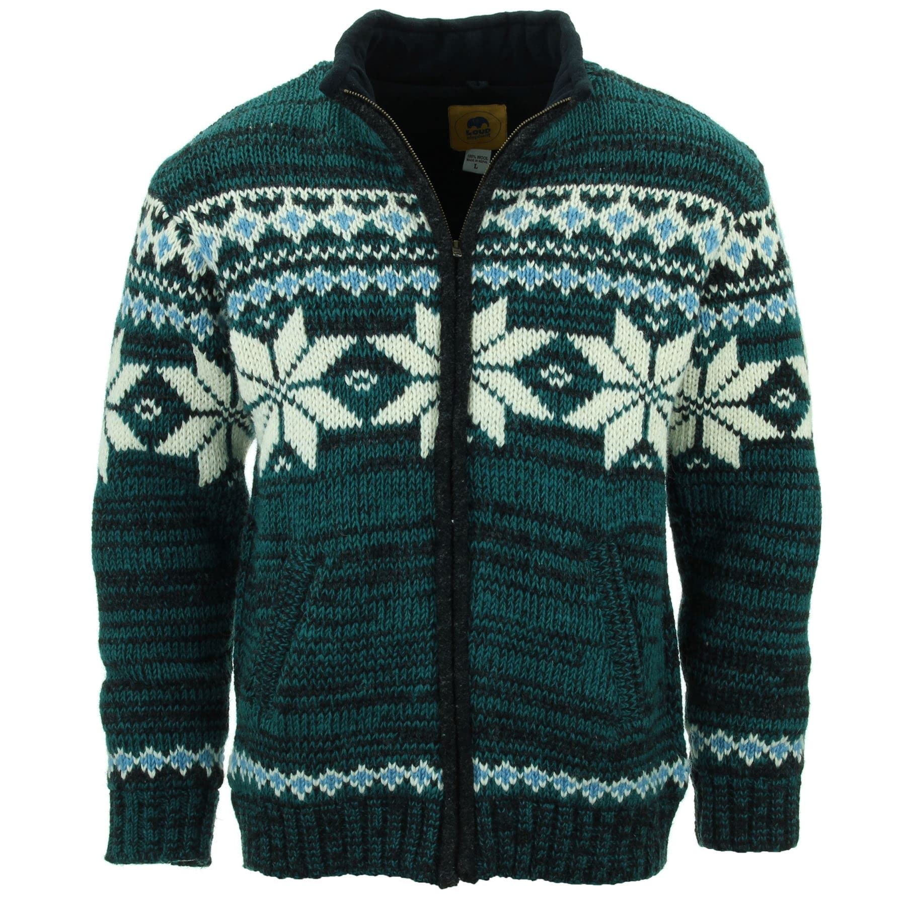 LOUDelephant Hand Knitted Wool Jacket Cardigan - Fairisle Teal (Large)
