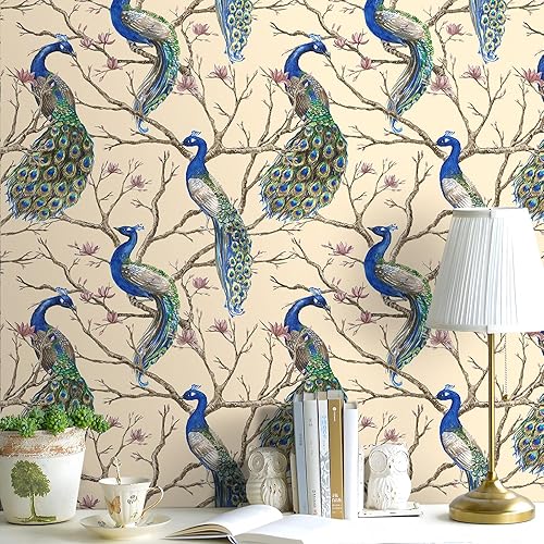 Miniatura 8 de FunStick Vintage Green Blue Peacock Wallpaper Peel and Stick Chinoiserie Beige Floral Branches Bird Wallpaper for Bedroom Bathroom Waterproof Self